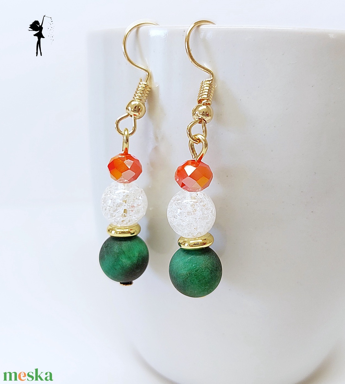 Alkalmi ásványfülbevaló matt zöld tigrisszemből, hegyikristályból üveggyönggyel - ékszer - fülbevaló - lógó fülbevaló - Meska.hu