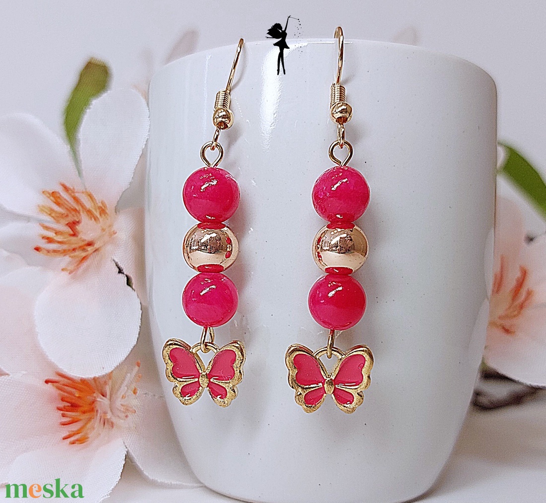 Magenta, arany szélű zománc pillangós fülbevaló jadéval és rózsaarany hematittal - ékszer - fülbevaló - lógó fülbevaló - Meska.hu