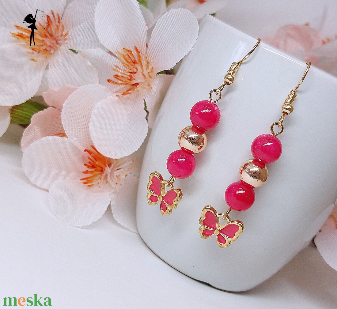 Magenta, arany szélű zománc pillangós fülbevaló jadéval és rózsaarany hematittal - ékszer - fülbevaló - lógó fülbevaló - Meska.hu
