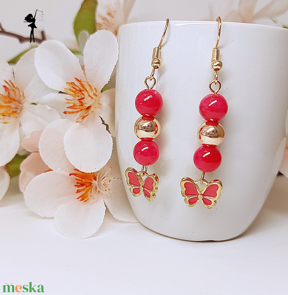 Magenta, arany szélű zománc pillangós fülbevaló jadéval és rózsaarany hematittal - ékszer - fülbevaló - lógó fülbevaló - Meska.hu