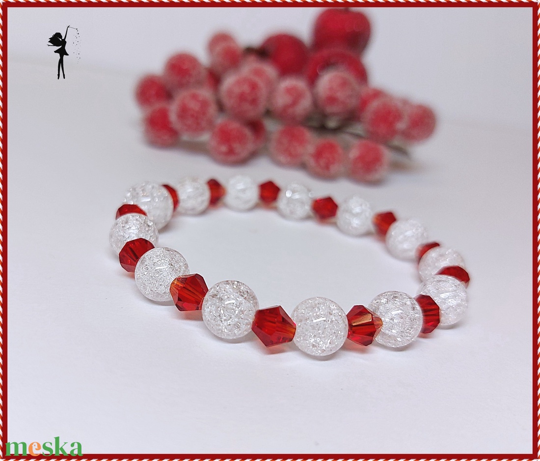 Csendes éj :) ásványkarkötő roppantott hegyikristályból, piros üveggyöngyökkel - ékszer - karkötő - gyöngyös karkötő - Meska.hu