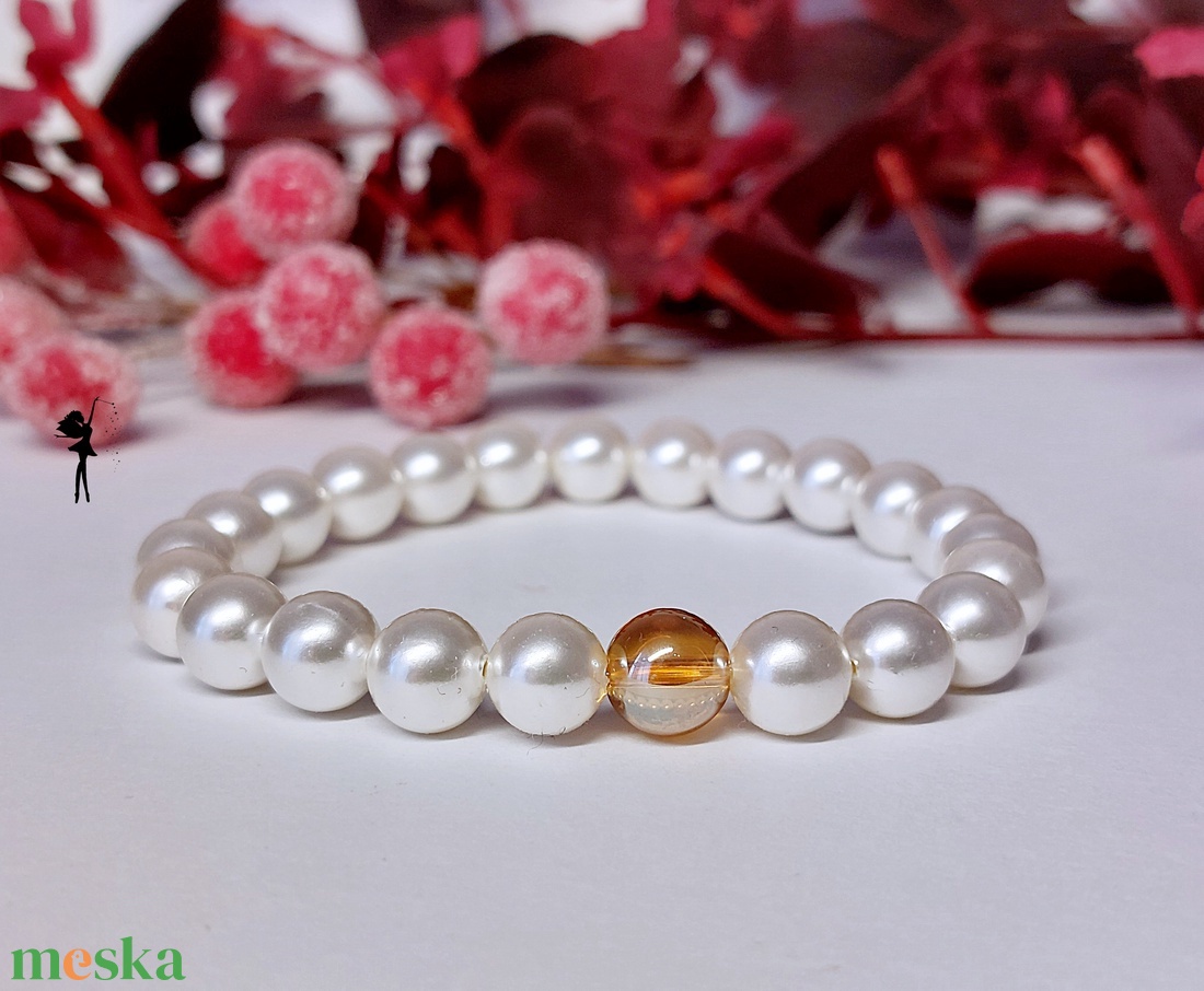 Ünnepi téli karkötő fehér tekla gyöngyből, aurakvarccal - ékszer - karkötő - gyöngyös karkötő - Meska.hu