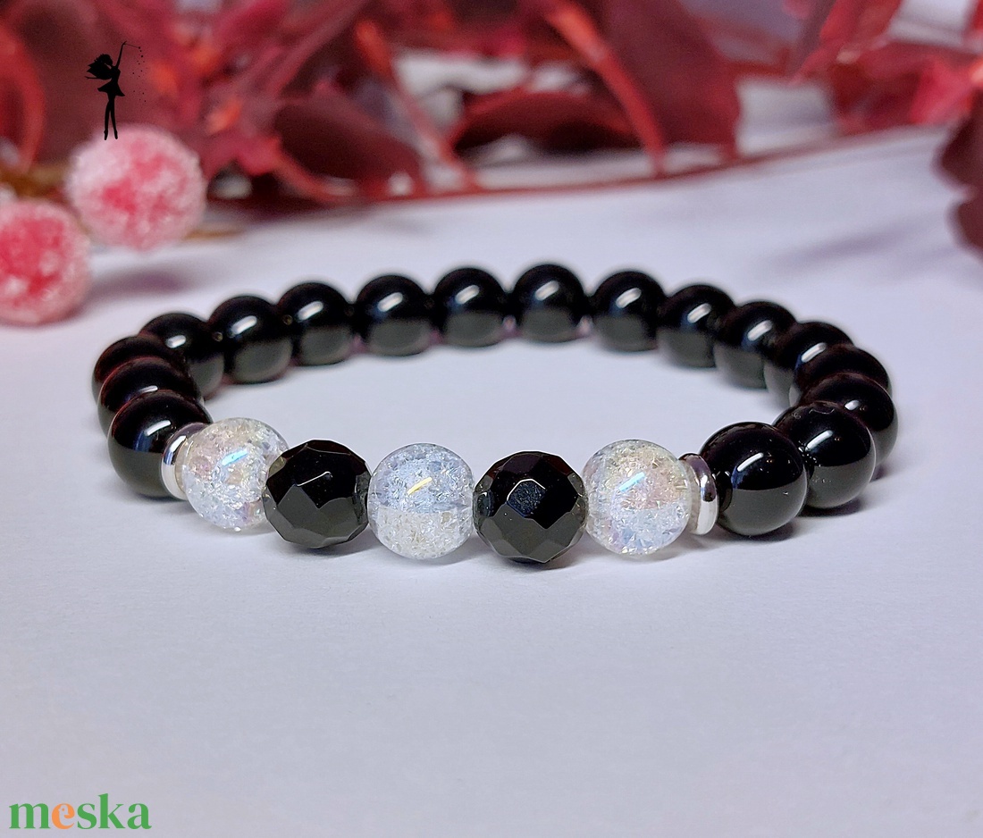 Ünnepi téli karkötő fekete achátokból, aurakvarccal - ékszer - karkötő - gyöngyös karkötő - Meska.hu