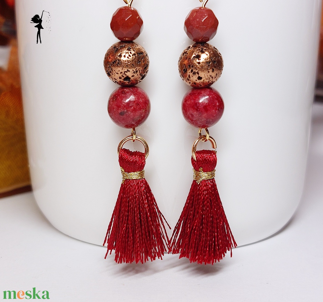 Bordó cérnabojtos ásványfülbevaló  - ékszer - fülbevaló - lógó fülbevaló - Meska.hu