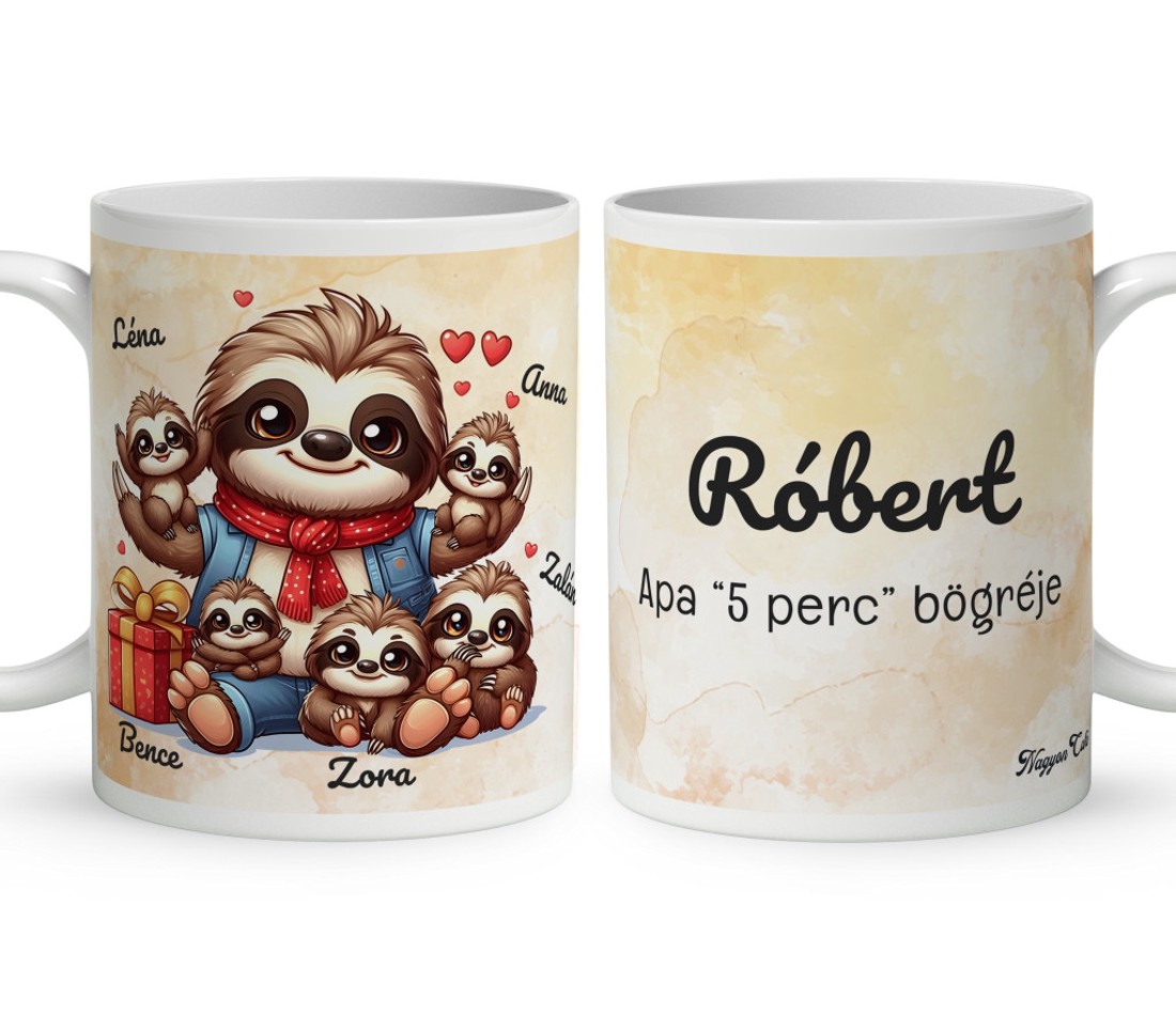 Névvel kérhető - Cuki lajhár Apa és öt gyerek mintás bögre - otthon & életmód - konyhafelszerelés, tálalás - tálalás - bögre & csésze - Meska.hu