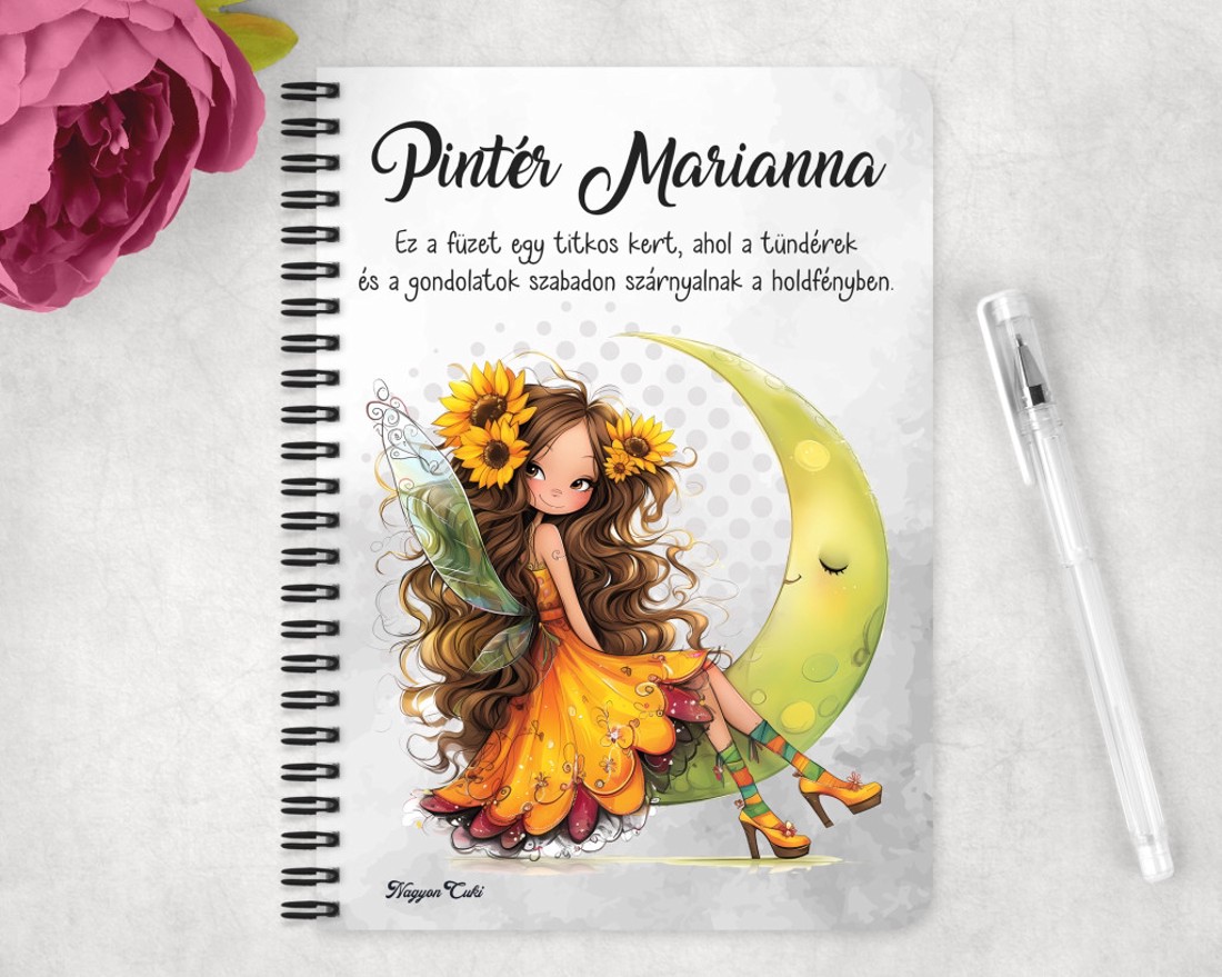 Személyre szabható - Huncut Napraforgós tündérlány mintás A6-os füzet - otthon & életmód - papír, írószer - jegyzetfüzet & napló - Meska.hu