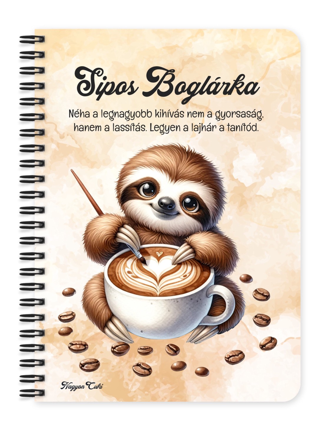 Személyre szabható - Kávés lajhár és a szíves cappucino mintás A6-os füzet - otthon & életmód - papír, írószer - jegyzetfüzet & napló - Meska.hu