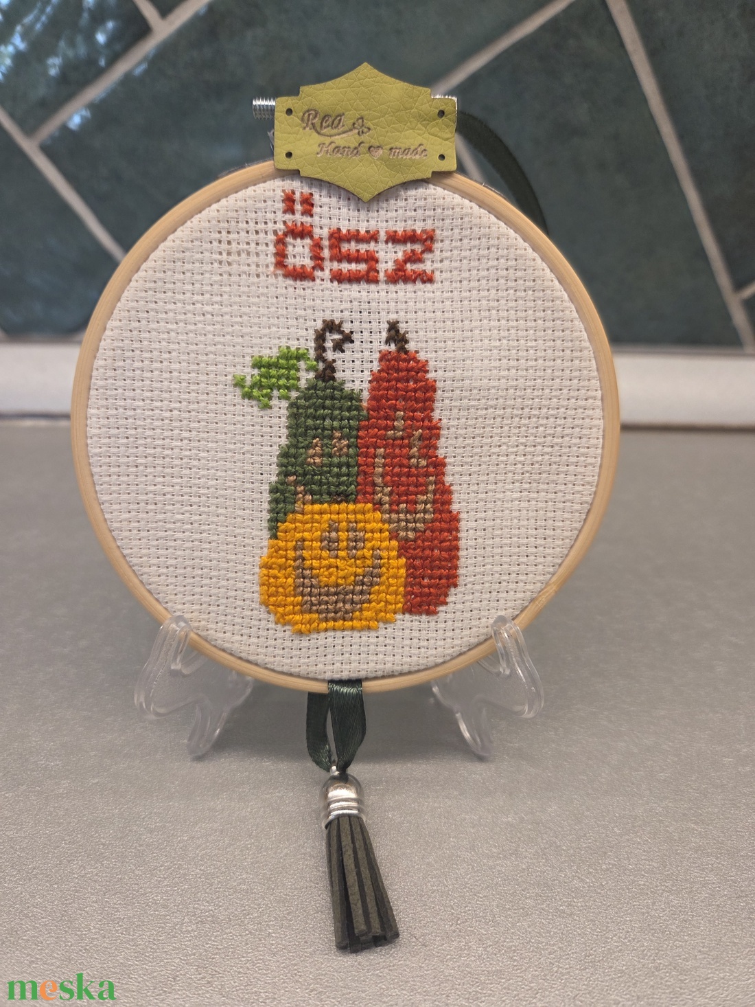 Őszi minikép/kopogtató - művészet - textilkép - keresztszemes - Meska.hu