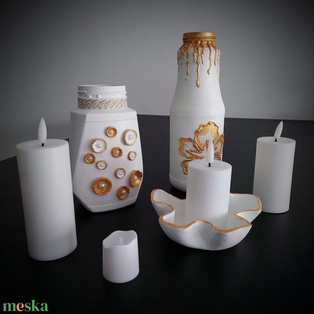 Fehér - arany színű mécsestartó - otthon & életmód - dekoráció - dísztárgy - Meska.hu