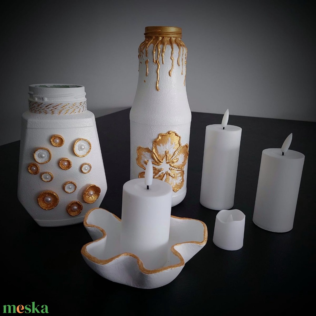Fehér - arany színű mécsestartó - otthon & életmód - dekoráció - dísztárgy - Meska.hu