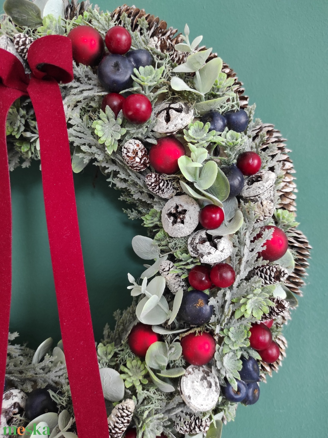Piros bogyós ajtódísz bársony masnival - karácsony - adventi díszek - adventi ajtódísz - Meska.hu