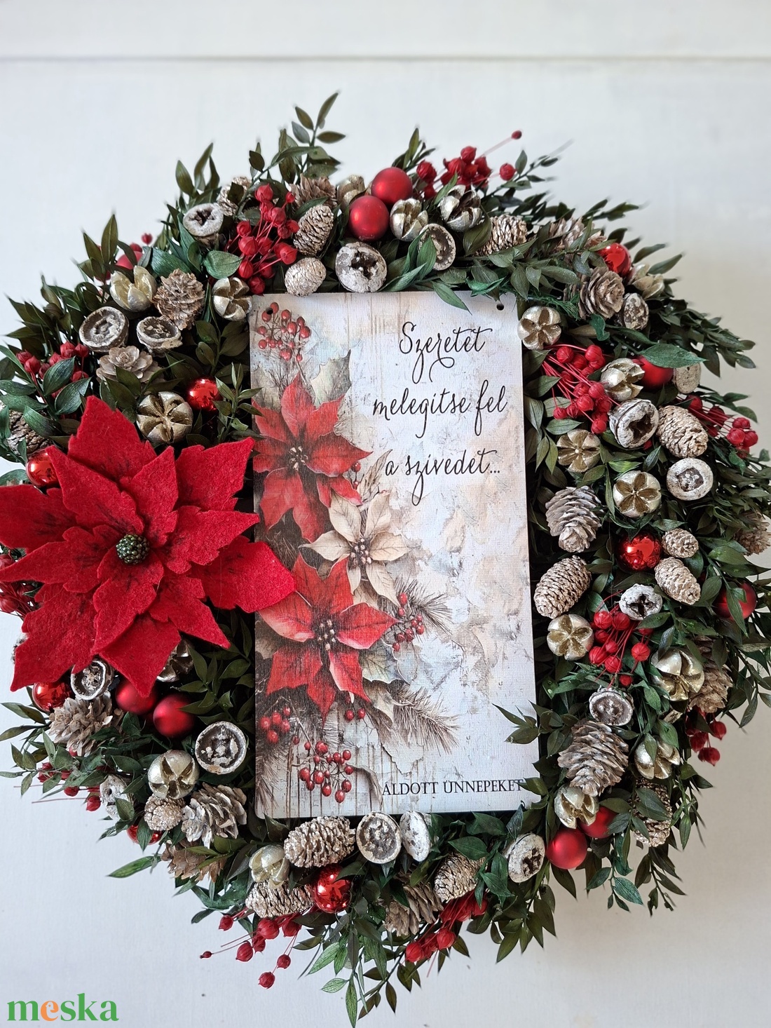 Mikulásvirágos karácsonyi ajtódísz - karácsony - karácsonyi lakásdekoráció - karácsonyi ajtódíszek - Meska.hu