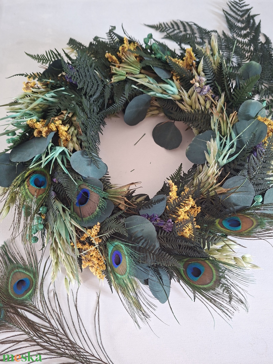 Szárítottvirágos ajtódísz, falidísz pávatollal - otthon & életmód - dekoráció - ajtó- és ablak dekoráció - ajtódísz & kopogtató - Meska.hu