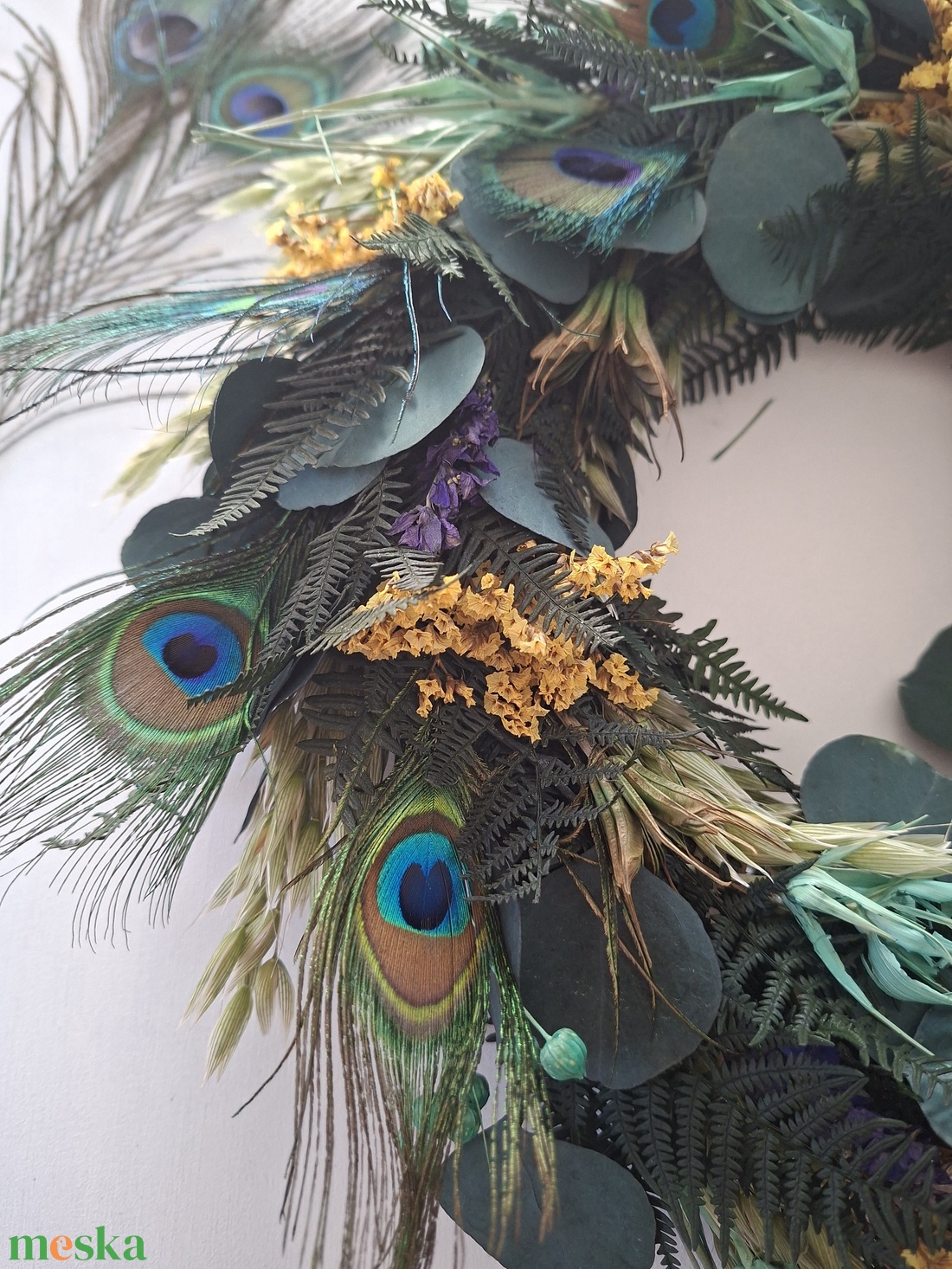 Szárítottvirágos ajtódísz, falidísz pávatollal - otthon & életmód - dekoráció - ajtó- és ablak dekoráció - ajtódísz & kopogtató - Meska.hu