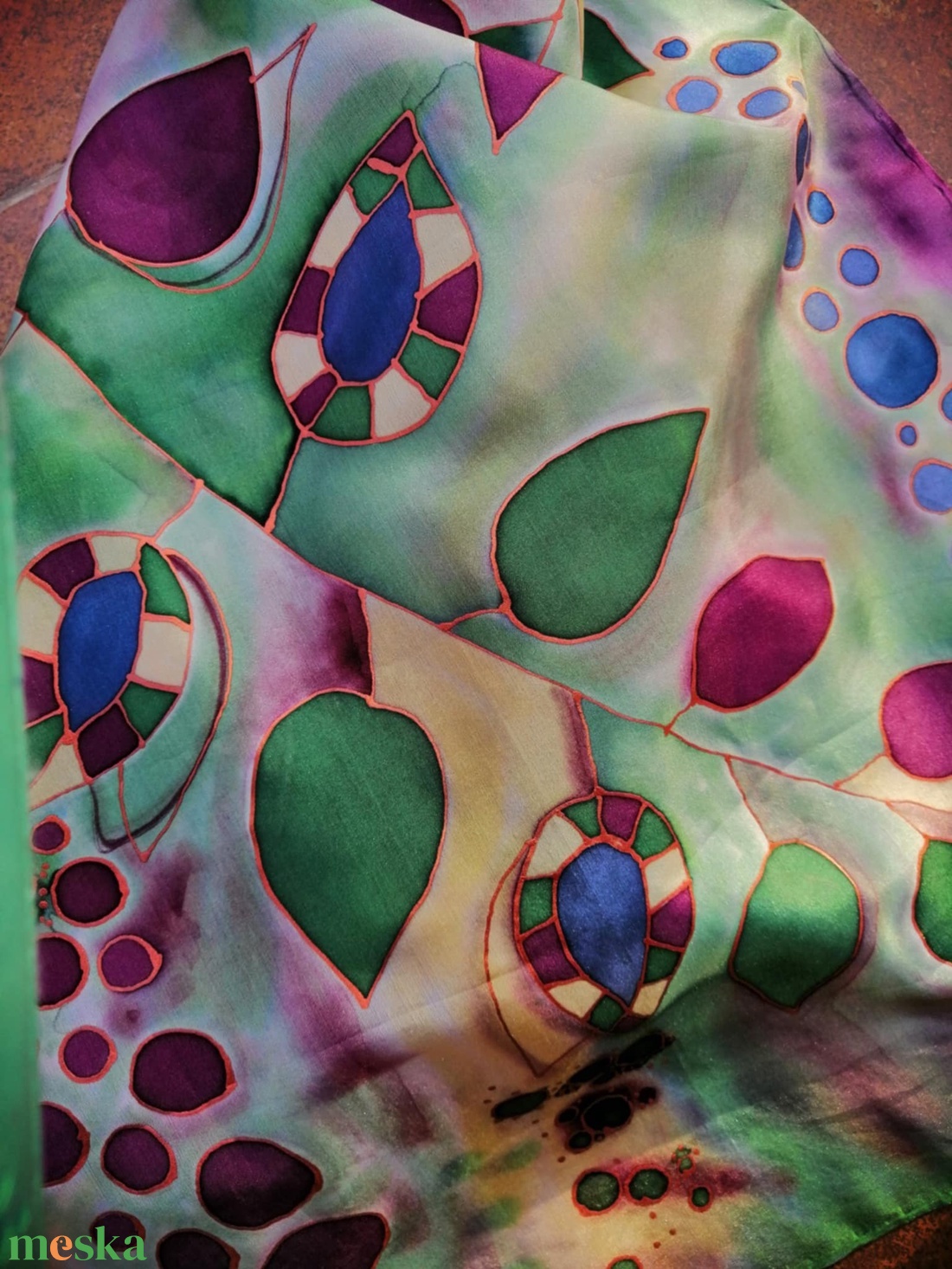 Kézi festésű valódi hernyóselyem sál-Kockás levelek - ruha & divat - sál, sapka, kendő - sál - Meska.hu