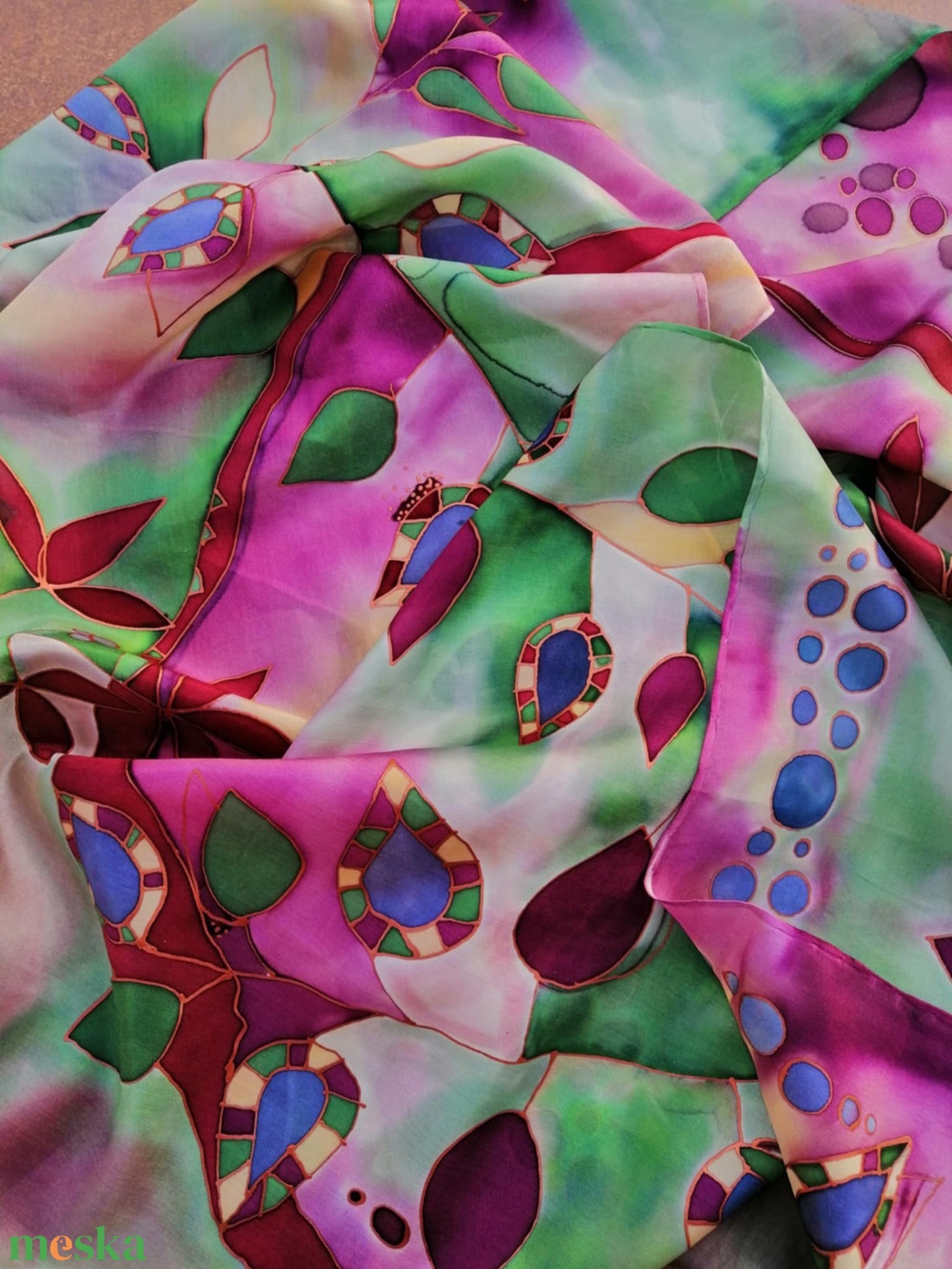 Kézi festésű valódi hernyóselyem sál-Kockás levelek - ruha & divat - sál, sapka, kendő - sál - Meska.hu