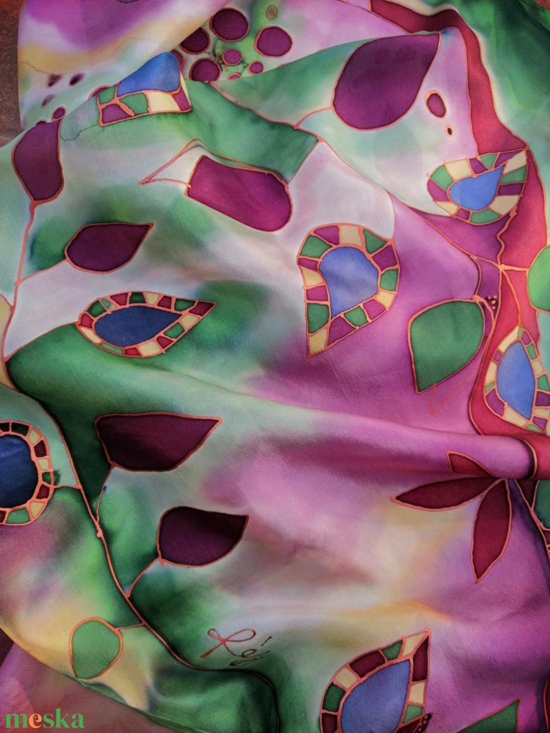 Kézi festésű valódi hernyóselyem sál-Kockás levelek - ruha & divat - sál, sapka, kendő - sál - Meska.hu