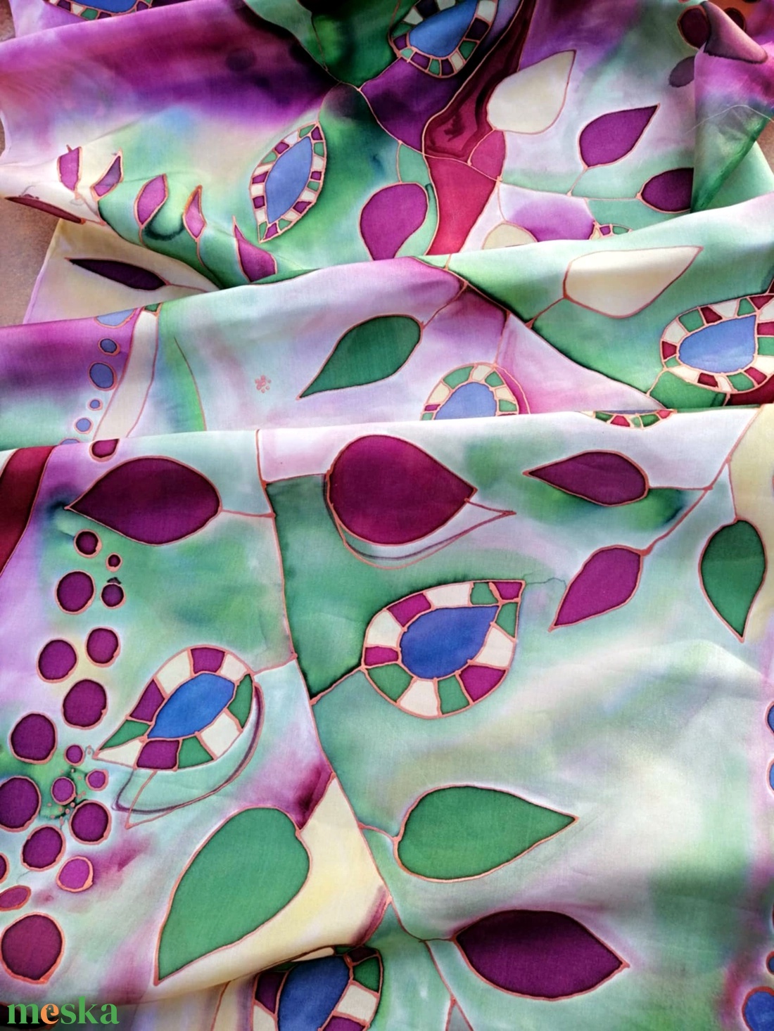 Kézi festésű valódi hernyóselyem sál-Kockás levelek - ruha & divat - sál, sapka, kendő - sál - Meska.hu