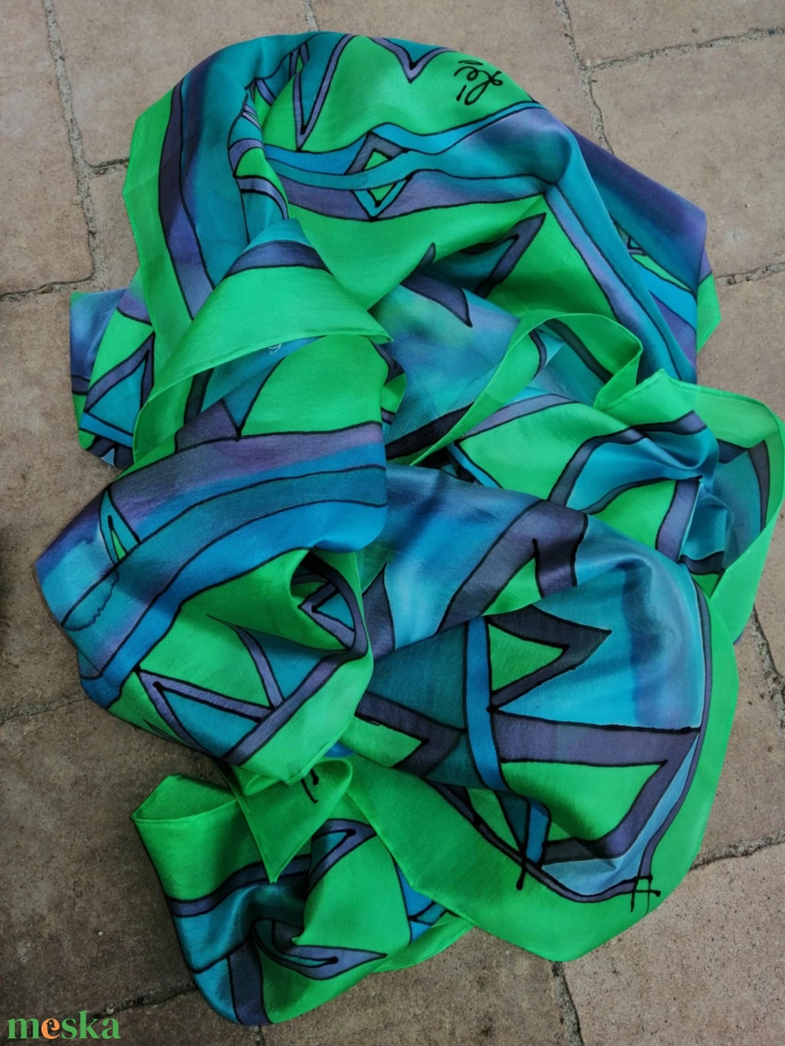 Kézi festésű valódi hernyóselyem sál,kék és zöld árnyalatokkal - ruha & divat - sál, sapka, kendő - sál - Meska.hu