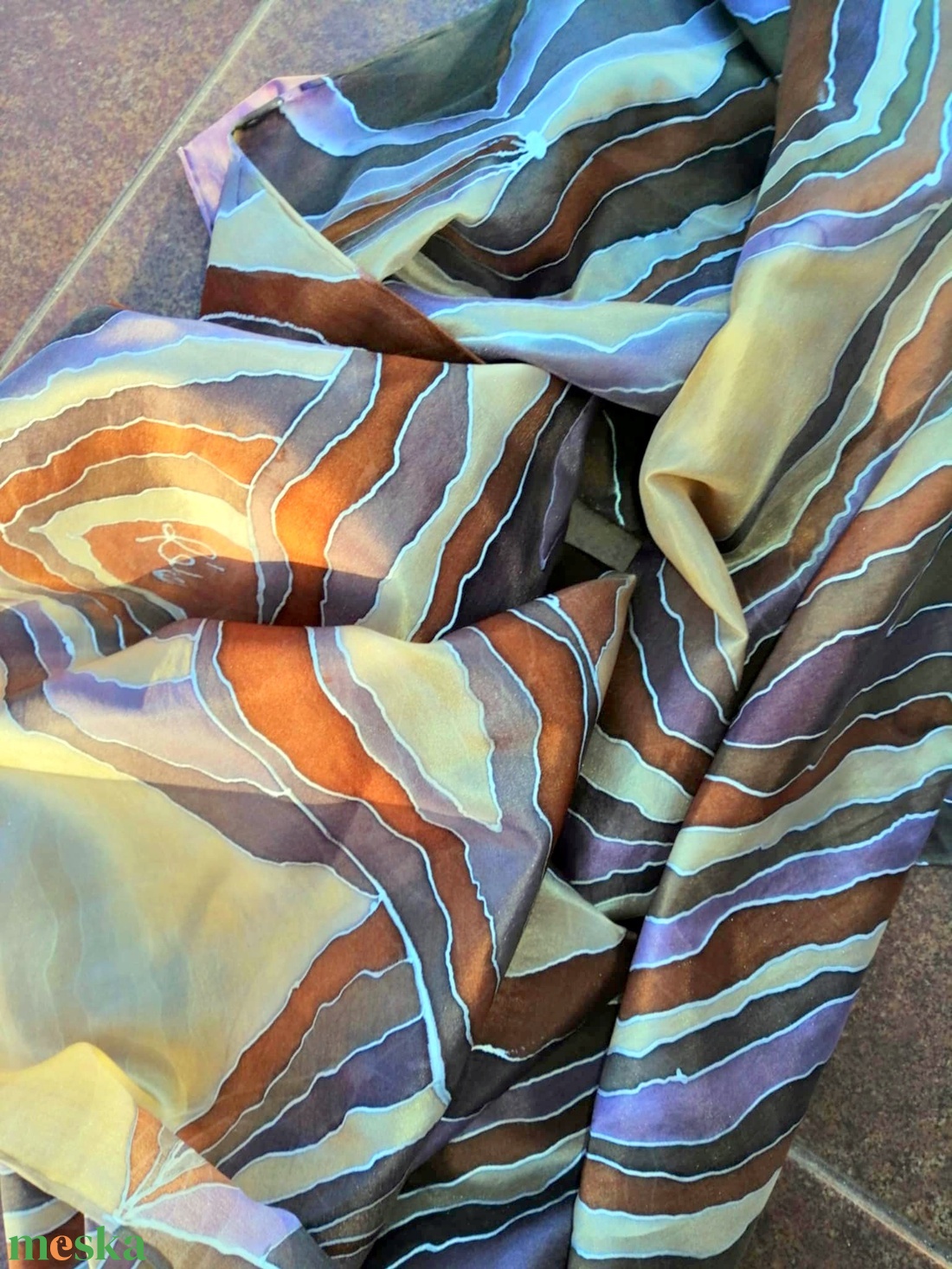 Kézi festésű valódi hernyóselyem sál,bézs,karamell,barna árnyalatok - ruha & divat - sál, sapka, kendő - sál - Meska.hu