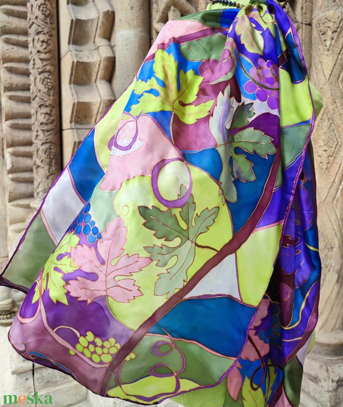 Kézi festésű valódi selyemsál-Szőlőfürtök - ruha & divat - sál, sapka, kendő - sál - Meska.hu
