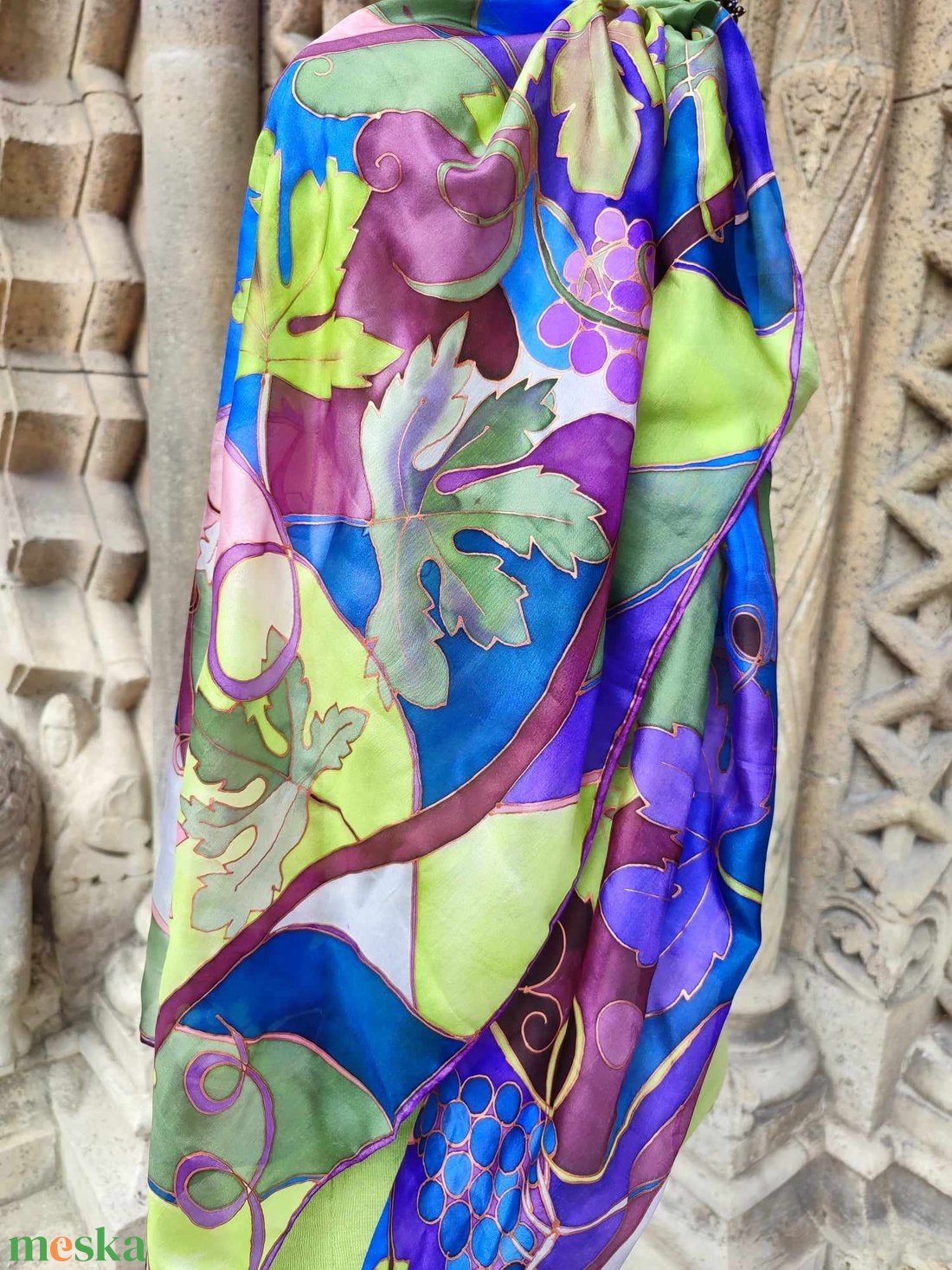 Kézi festésű valódi selyemsál-Szőlőfürtök - ruha & divat - sál, sapka, kendő - sál - Meska.hu