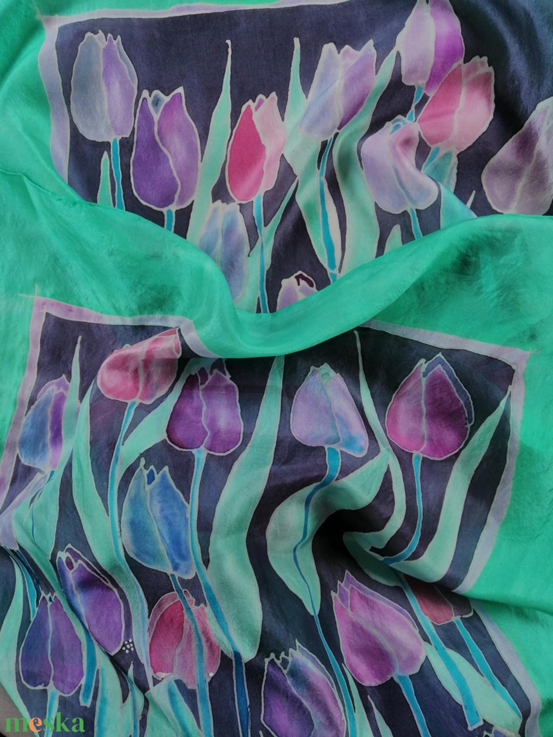 Kézi festésű valódi selyemsál-Lila tulipánok - ruha & divat - sál, sapka, kendő - sál - Meska.hu