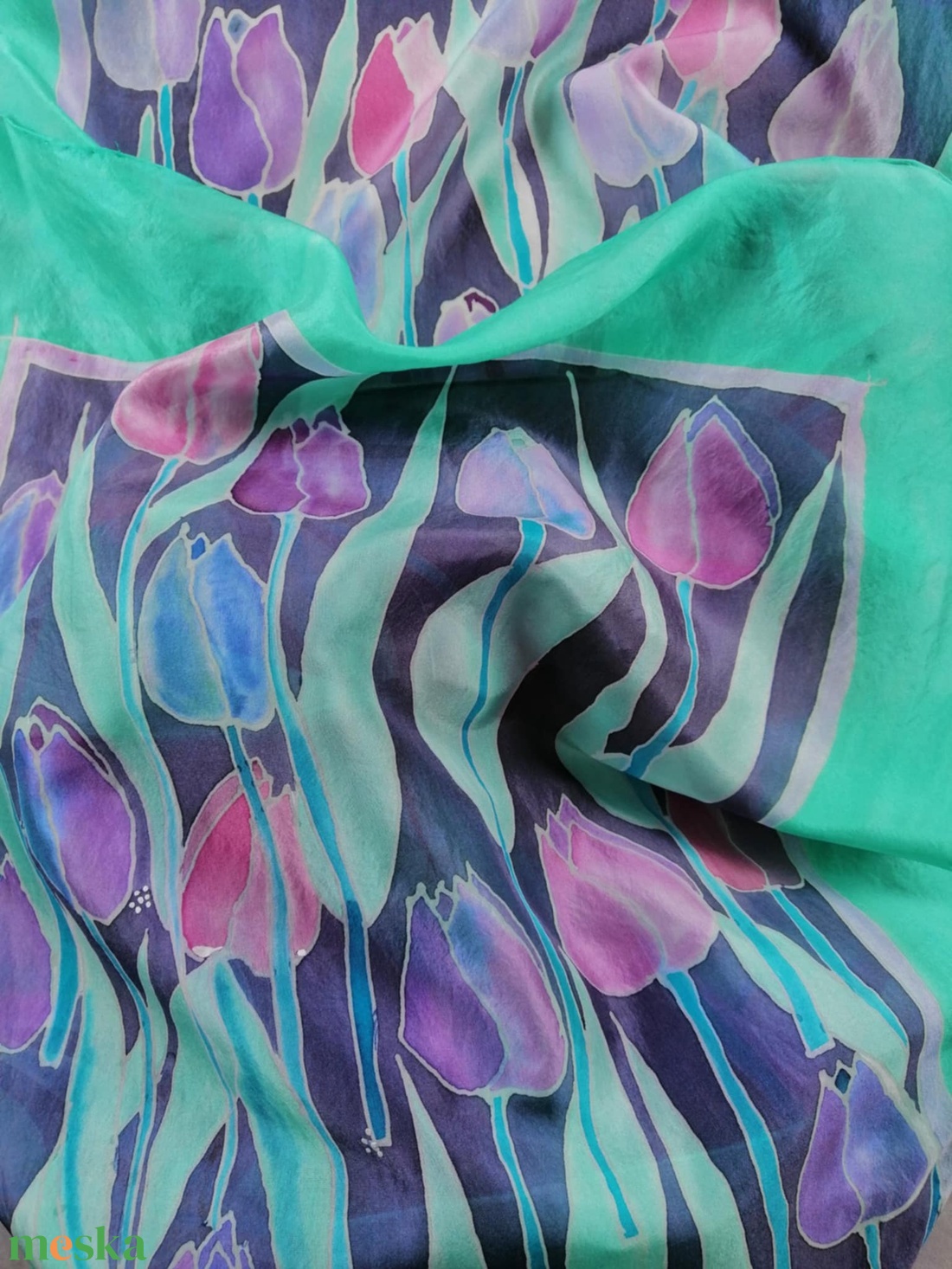 Kézi festésű valódi selyemsál-Lila tulipánok - ruha & divat - sál, sapka, kendő - sál - Meska.hu