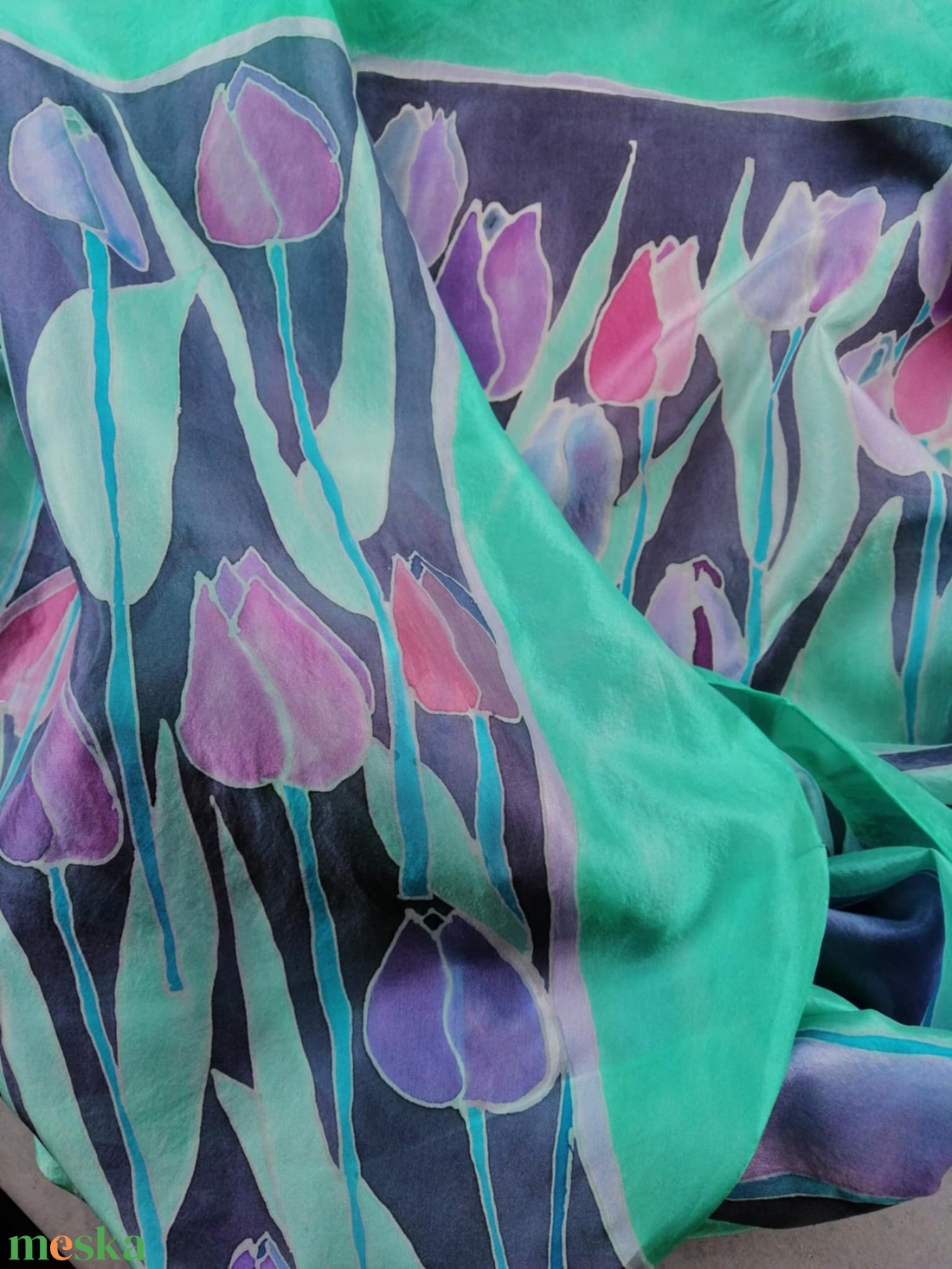 Kézi festésű valódi selyemsál-Lila tulipánok - ruha & divat - sál, sapka, kendő - sál - Meska.hu