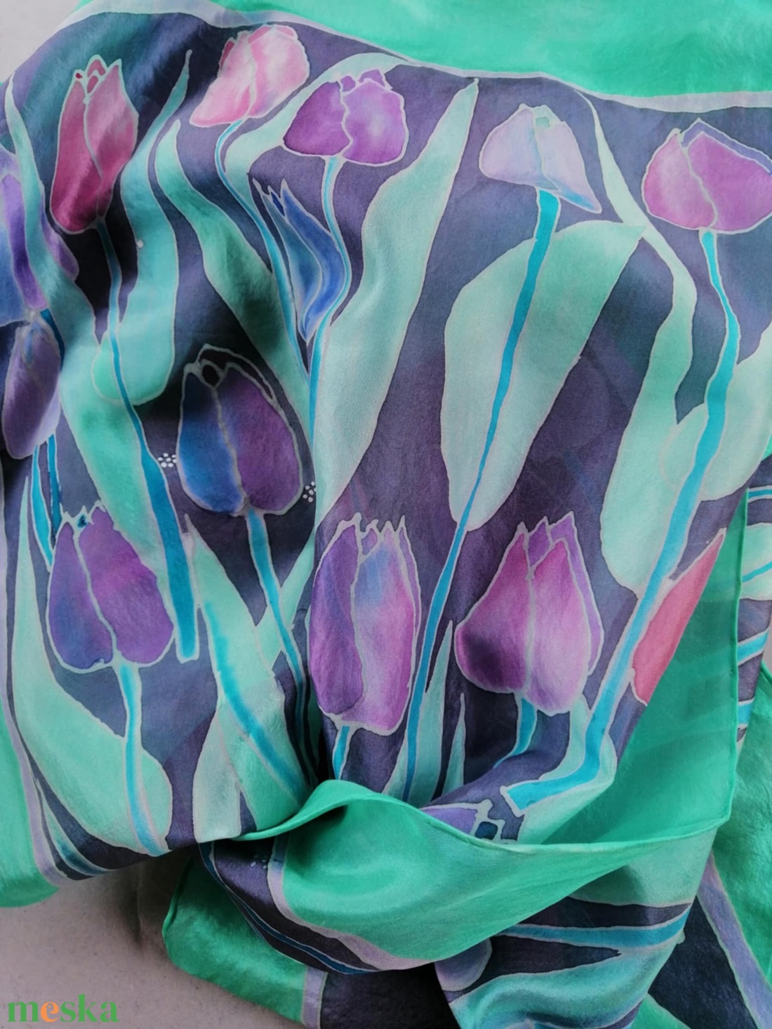 Kézi festésű valódi selyemsál-Lila tulipánok - ruha & divat - sál, sapka, kendő - sál - Meska.hu