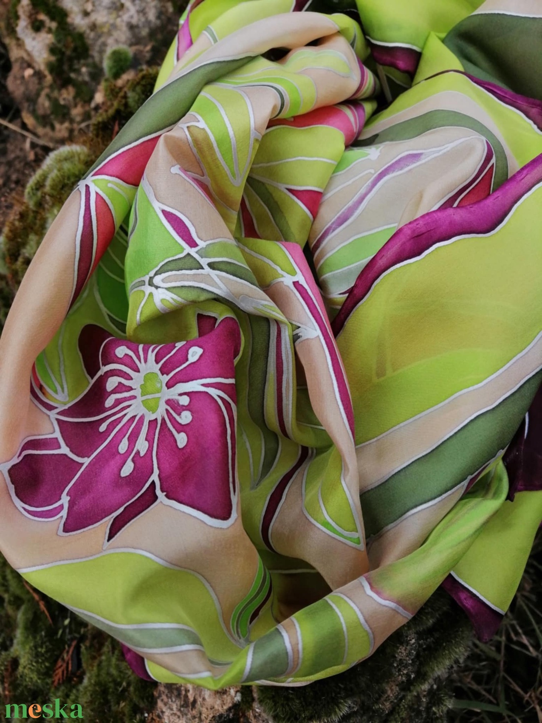 Kézi festésű valódi selyemsál-Helleborus - ruha & divat - sál, sapka, kendő - sál - Meska.hu