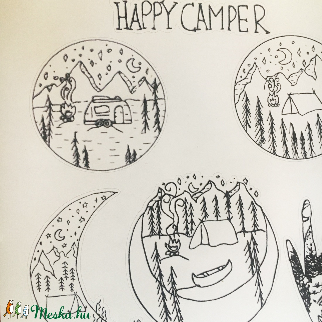 Nyomtatható Happy Camper Matricapapír Természet Kempingezés Bullet Journal (fekete-fehér verzió) - otthon & lakás - dekoráció - Meska.hu