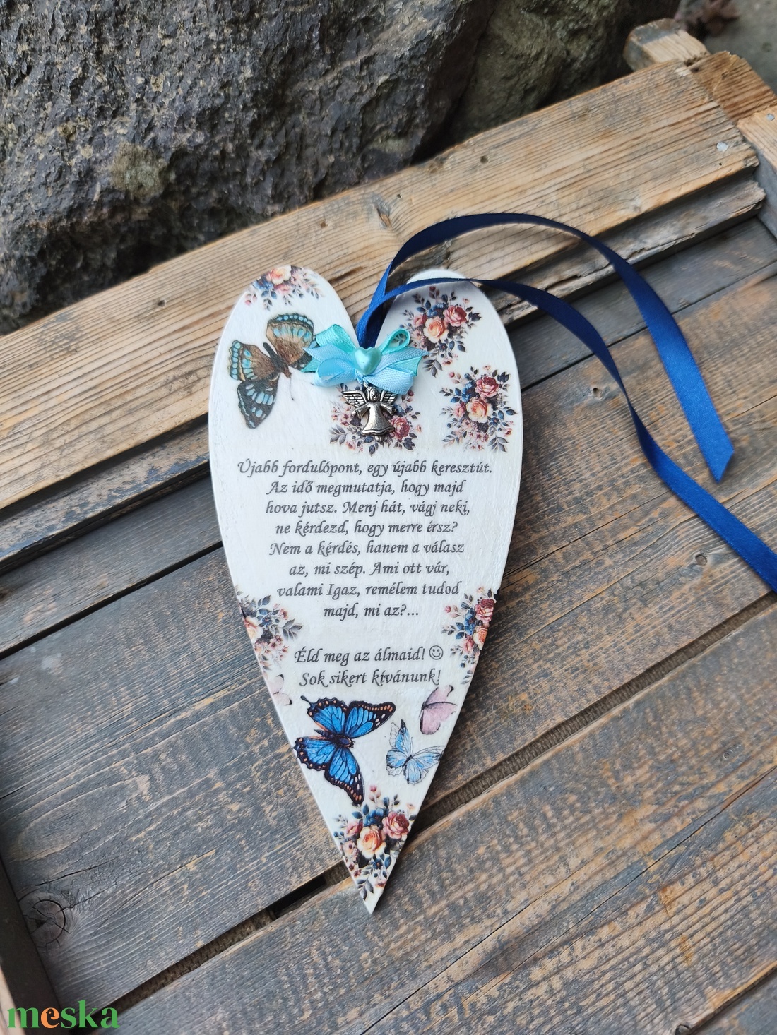 Újabb keresztút... akasztós fa szív, angyalkával. :-)  - otthon & életmód - dekoráció - kép & falikép - táblakép - Meska.hu