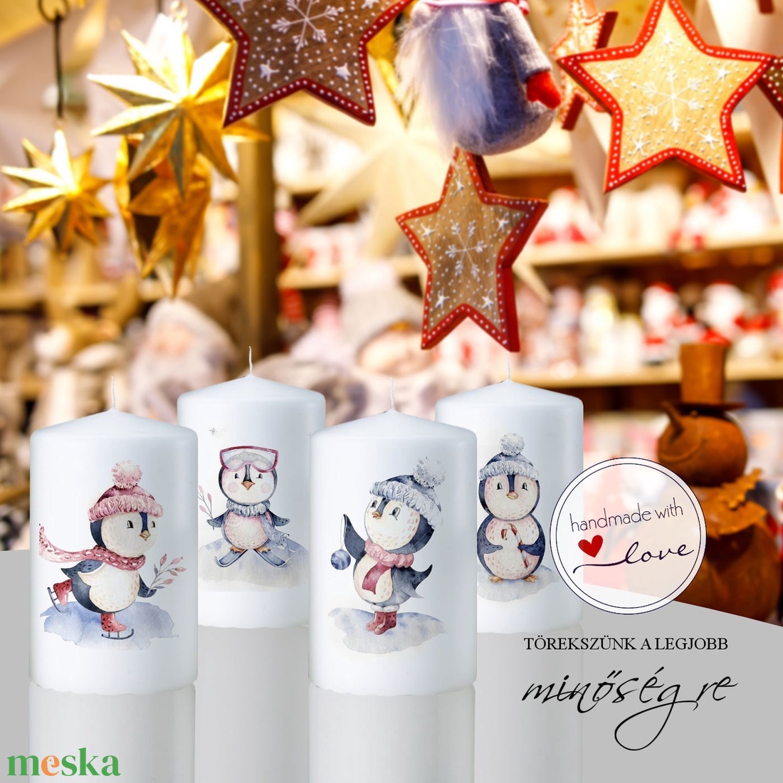 Téli pingvinek adventi gyertya szett - karácsony - adventi díszek - adventi gyertyadíszek és koszorúdíszek - Meska.hu