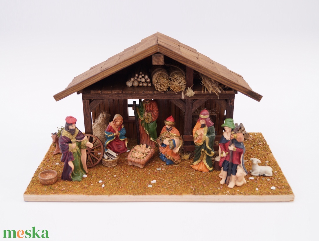 Betlehemi jászol S  Kézzel készített mini fa betlehem LED világítással - karácsony - karácsonyi lakásdekoráció - karácsonyi lakásdíszek - Meska.hu