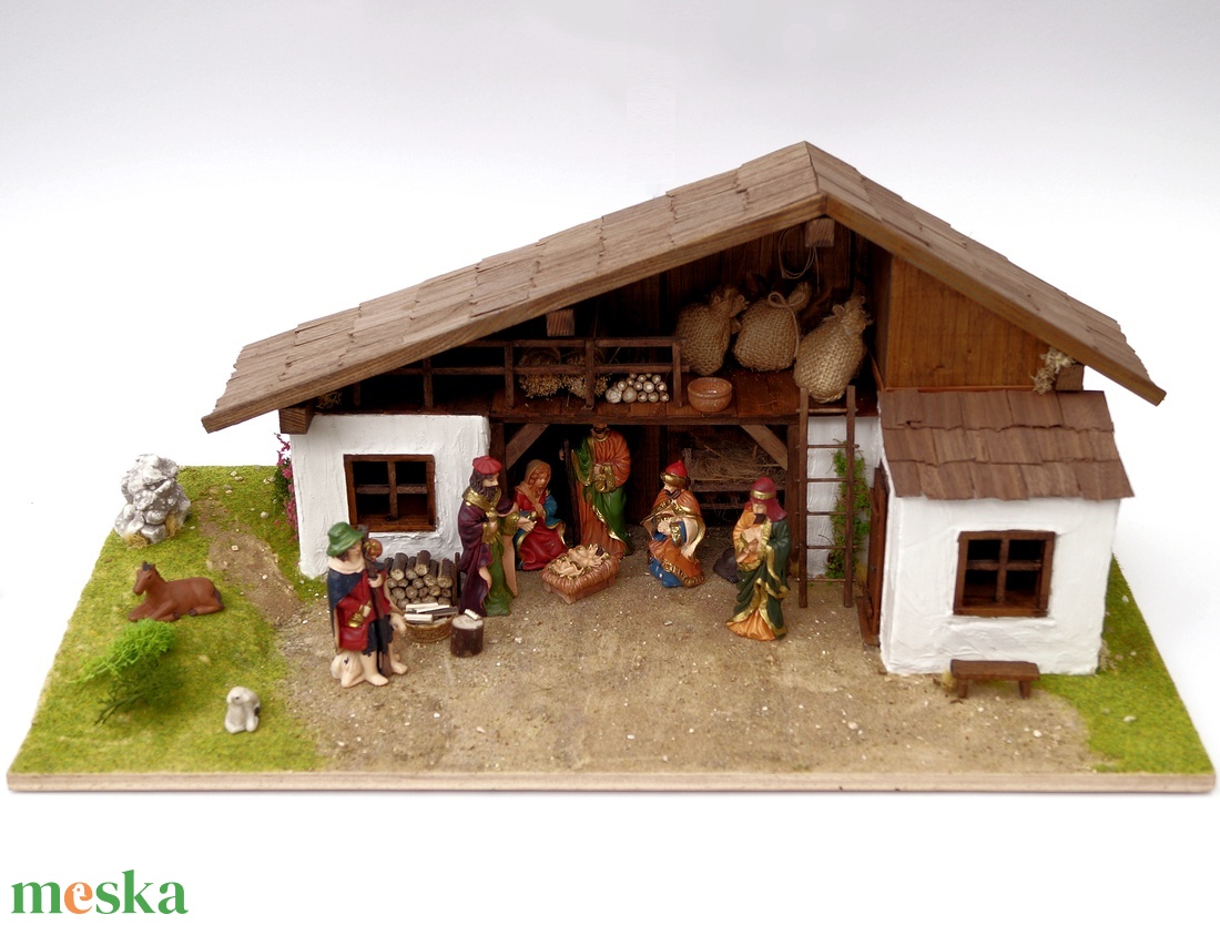 Betlehemi jászol L  Kézzel készített fa betlehem LED világítással - karácsony - karácsonyi lakásdekoráció - karácsonyi lakásdíszek - Meska.hu