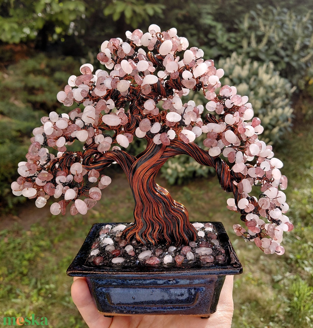 Rózsakvarc rézfa - otthon & életmód - dekoráció - asztal és polc dekoráció - bonsai - Meska.hu