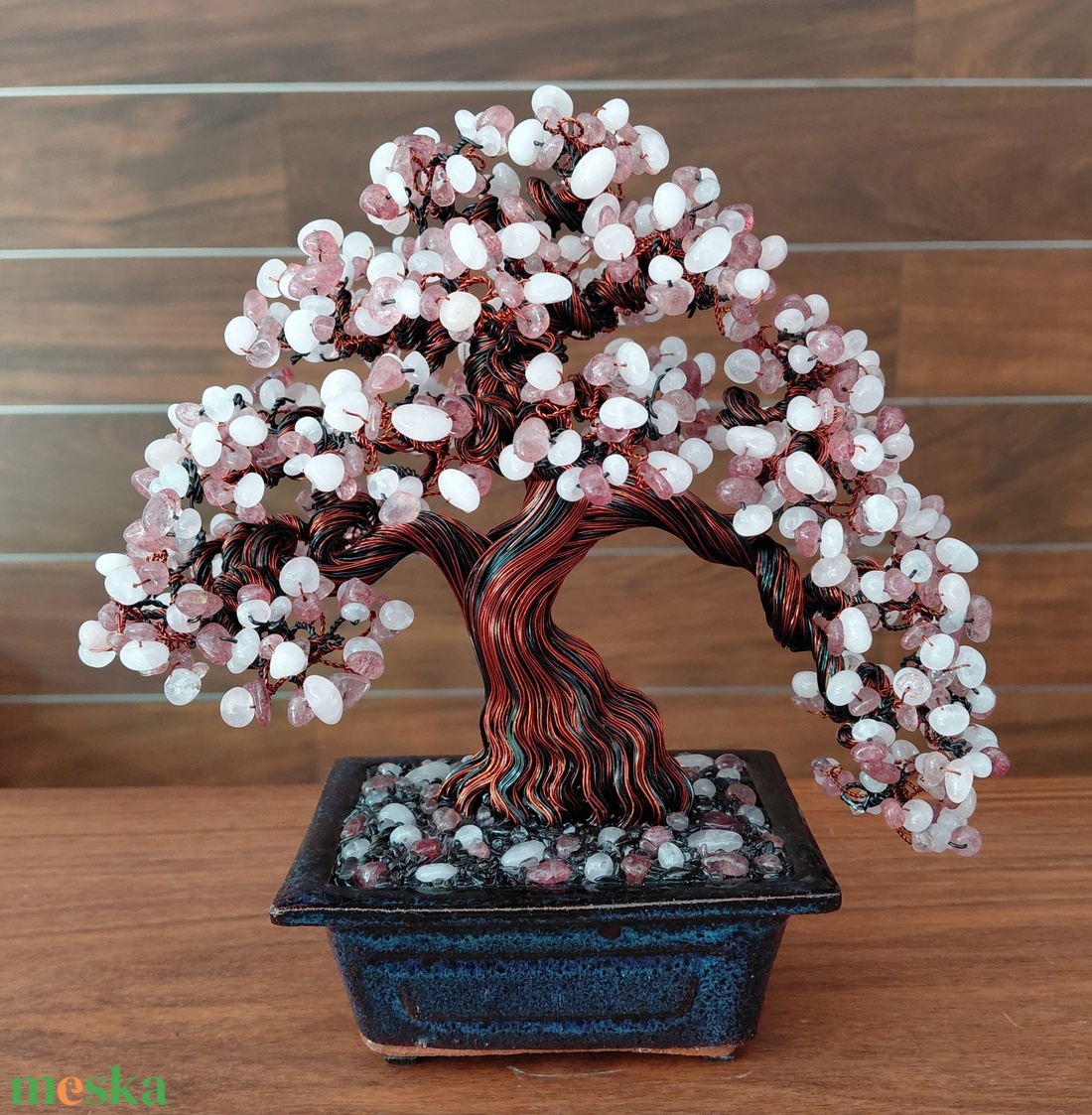 Rózsakvarc rézfa - otthon & életmód - dekoráció - asztal és polc dekoráció - bonsai - Meska.hu