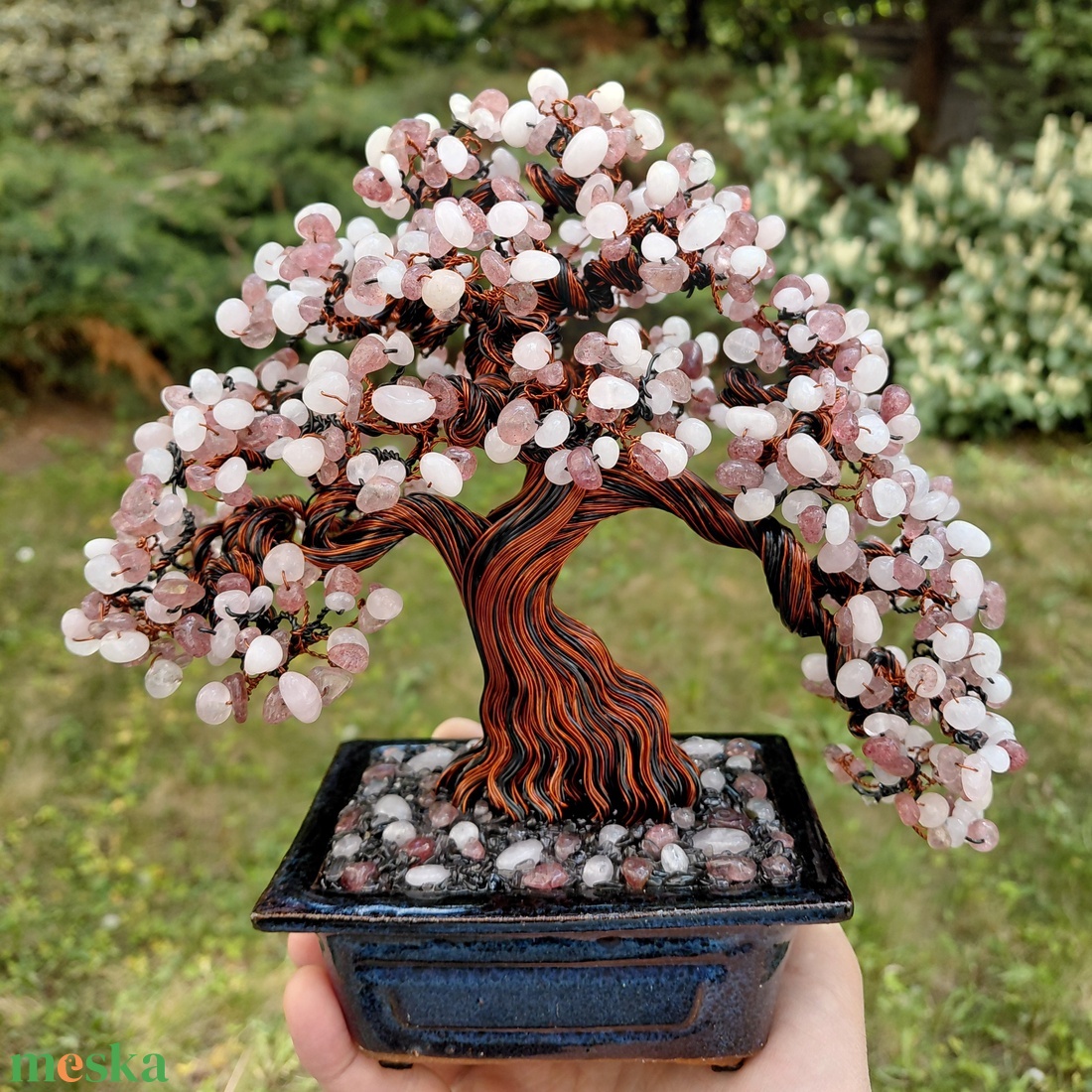 Rózsakvarc rézfa - otthon & életmód - dekoráció - asztal és polc dekoráció - bonsai - Meska.hu