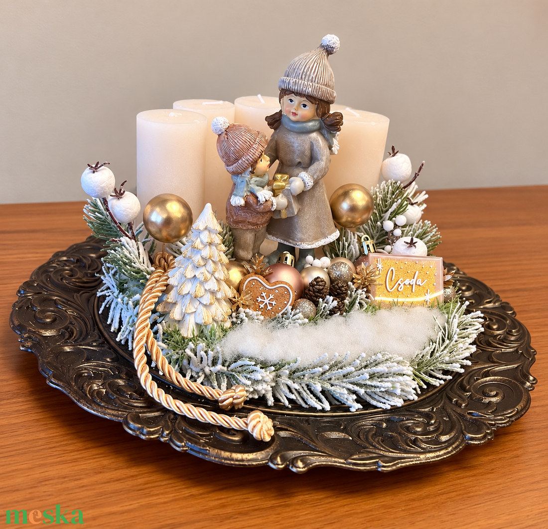 Ünnepi adventi tál rusztikus gyertyákkal, anya-lánya szobrocskával- Egy csipetnyi karácsonyi csoda - karácsony - adventi díszek - adventi koszorú - Meska.hu