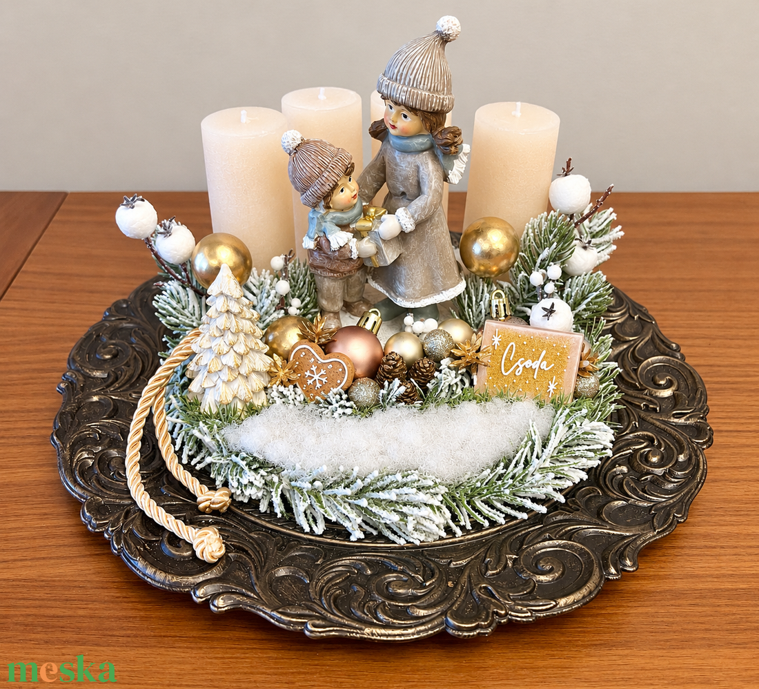 Ünnepi adventi tál rusztikus gyertyákkal, anya-lánya szobrocskával- Egy csipetnyi karácsonyi csoda - karácsony - adventi díszek - adventi koszorú - Meska.hu