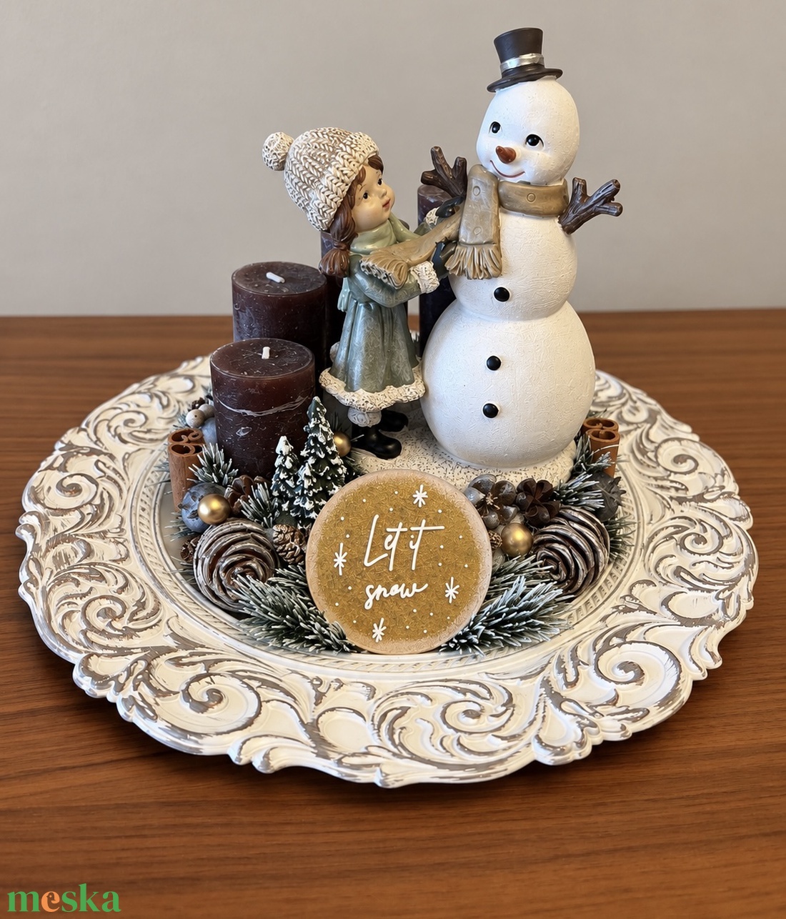 Romantikus hangulatú, vintage adventi asztaldísz, adventi tál hóemberes szoborral - karácsony - adventi díszek - adventi asztaldísz - Meska.hu