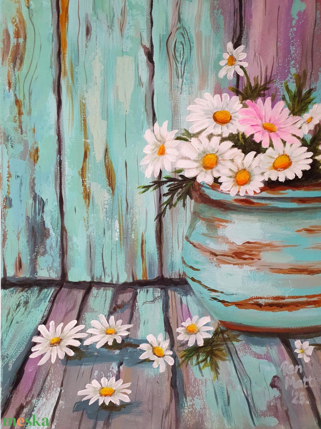 'Türkiz margarétákkal'  - művészet - festmény - akril - Meska.hu