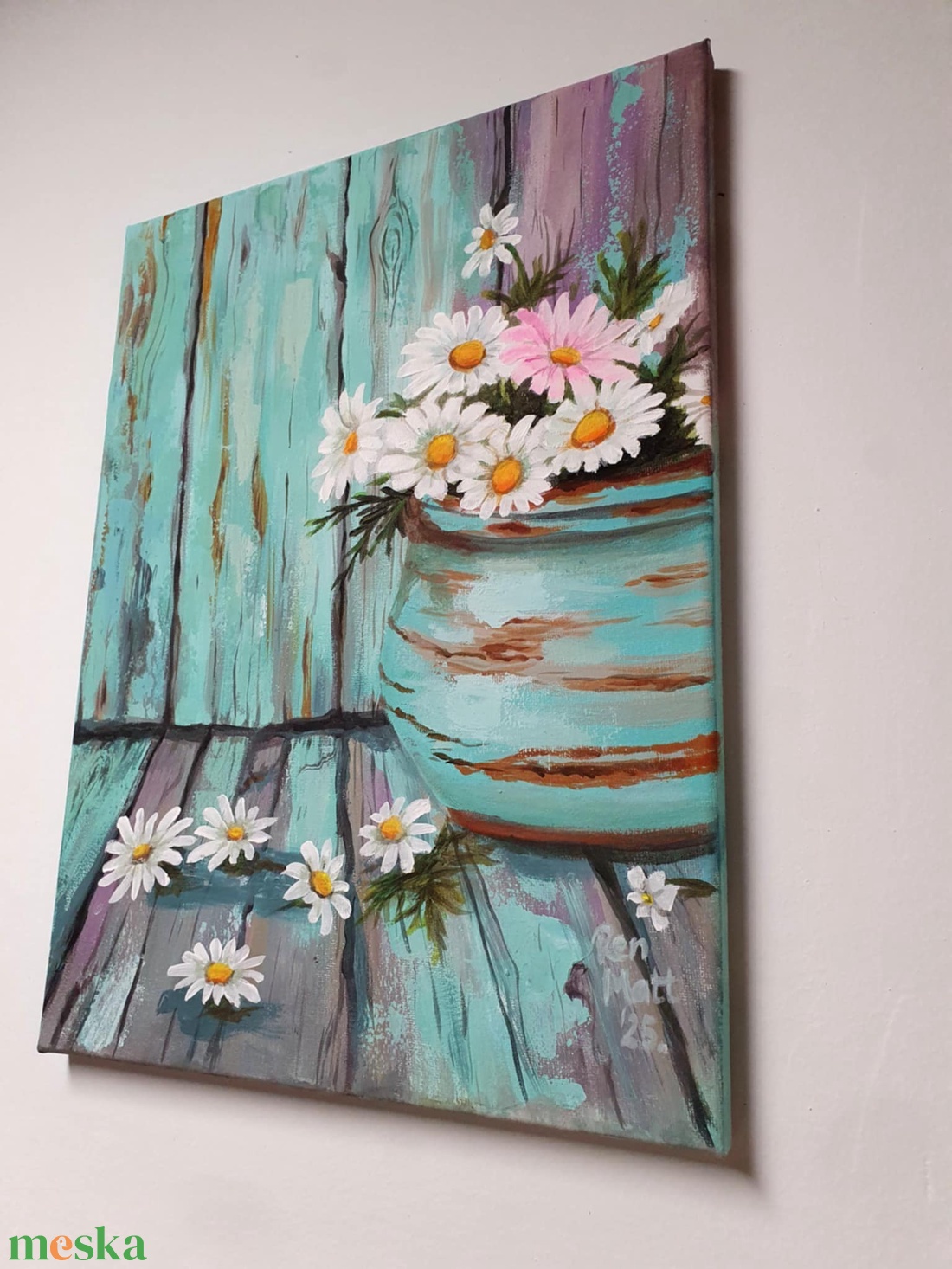 'Türkiz margarétákkal'  - művészet - festmény - akril - Meska.hu