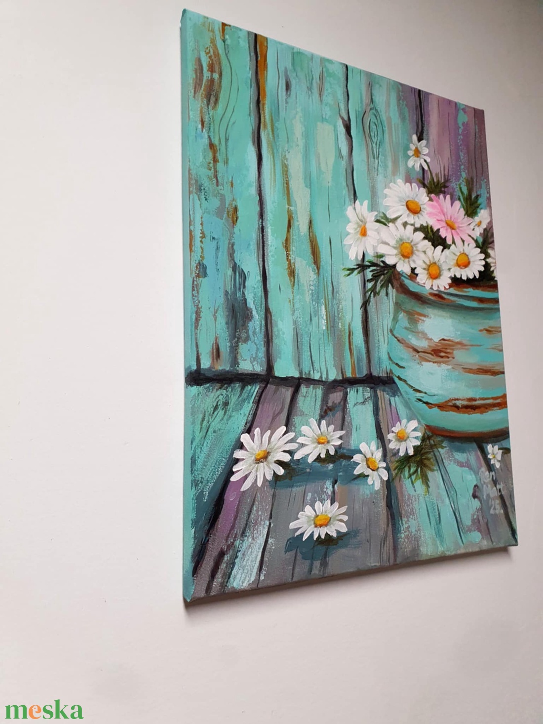 'Türkiz margarétákkal'  - művészet - festmény - akril - Meska.hu