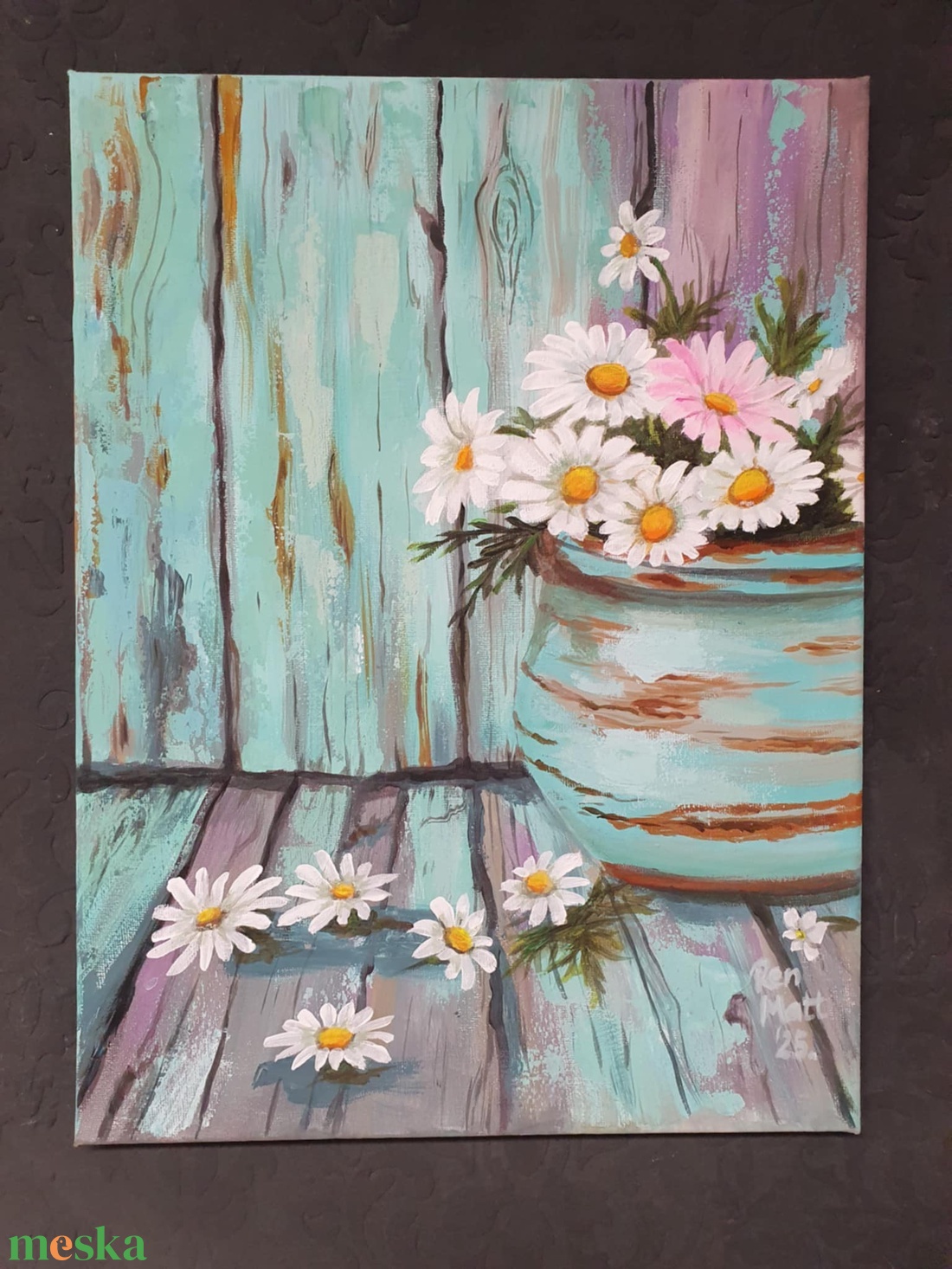 'Türkiz margarétákkal'  - művészet - festmény - akril - Meska.hu