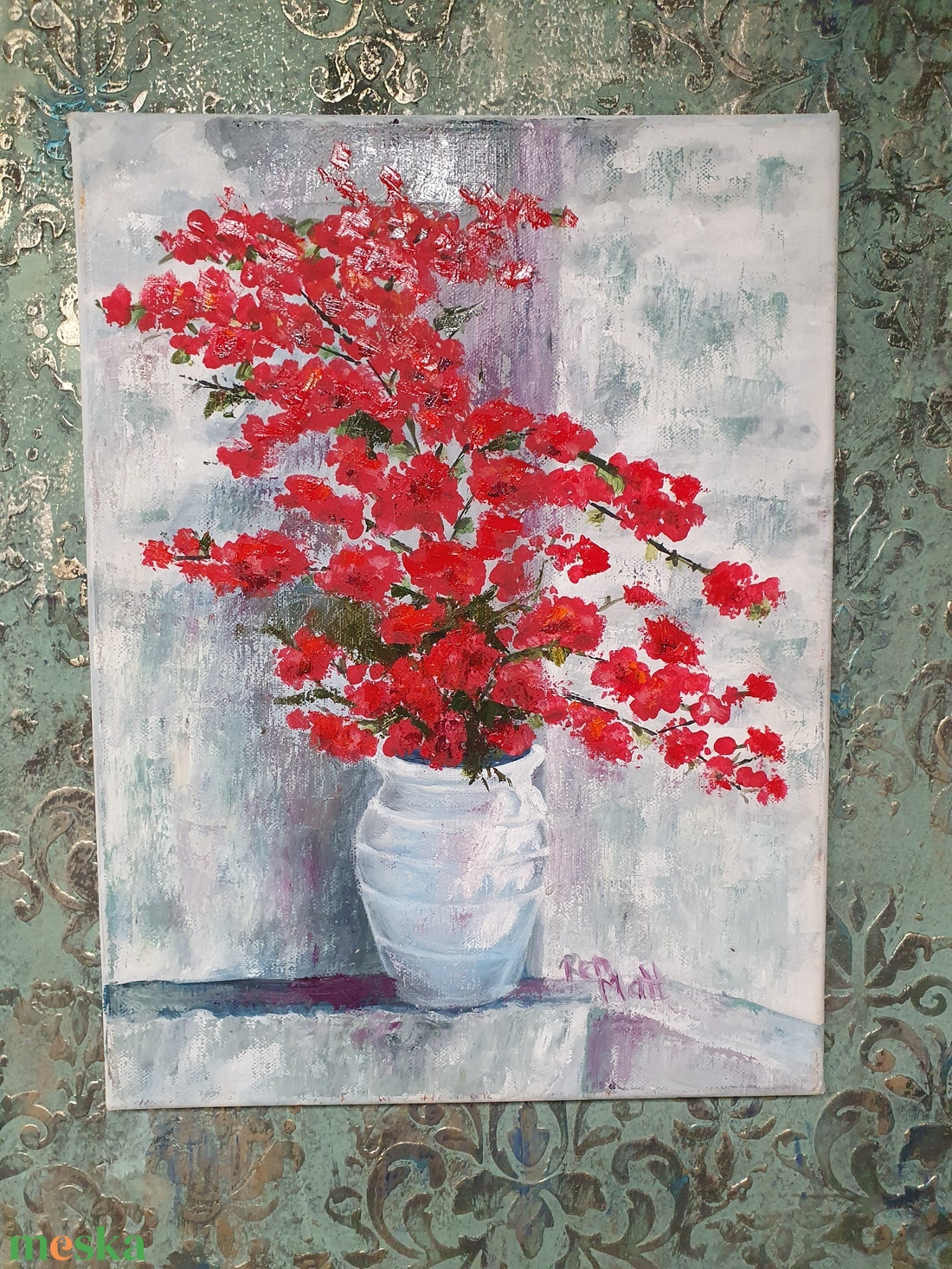 'Görög váza piros virággal' olajfestmény - művészet - festmény - olajfestmény - Meska.hu