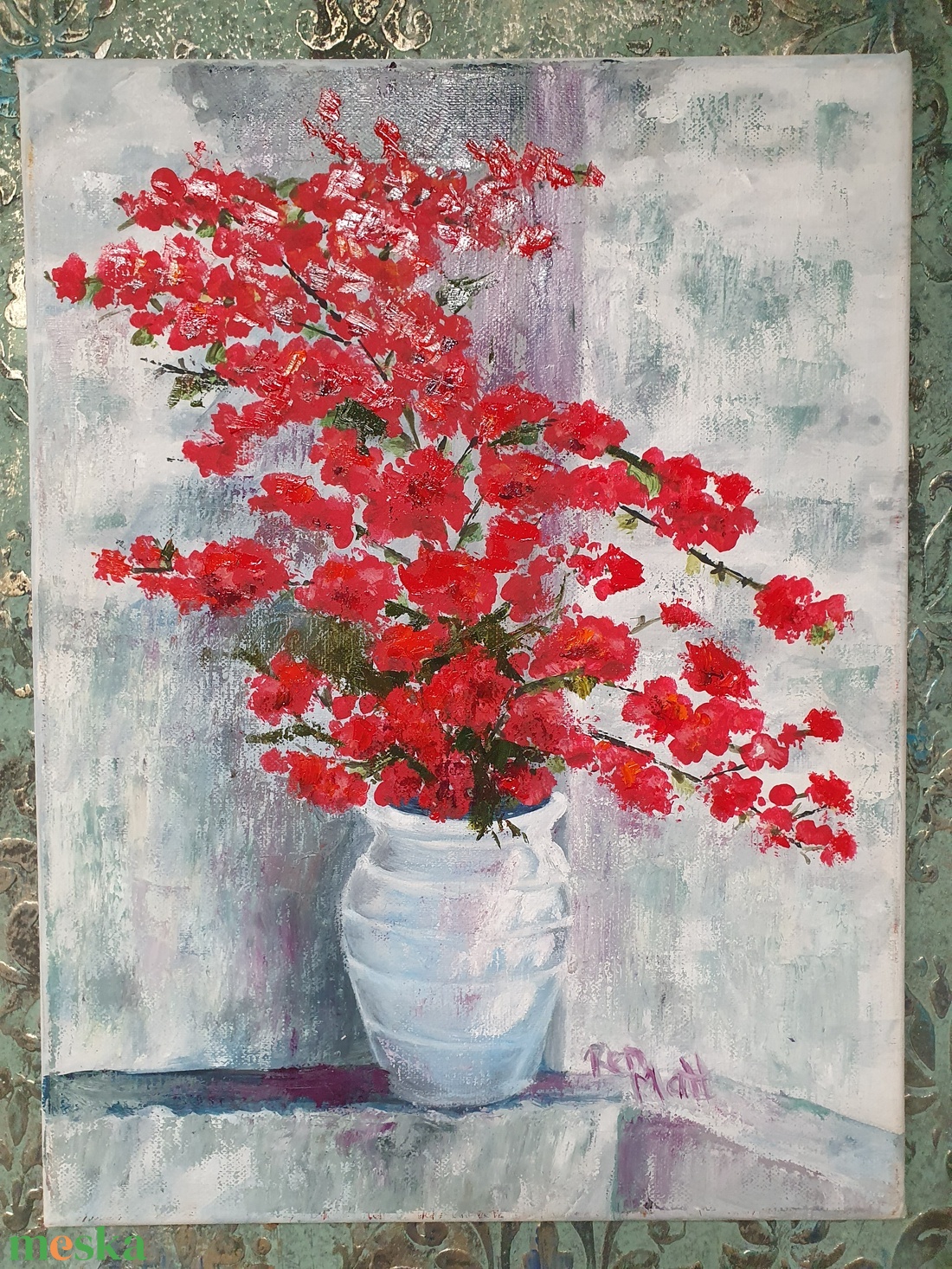 'Görög váza piros virággal' olajfestmény - művészet - festmény - olajfestmény - Meska.hu