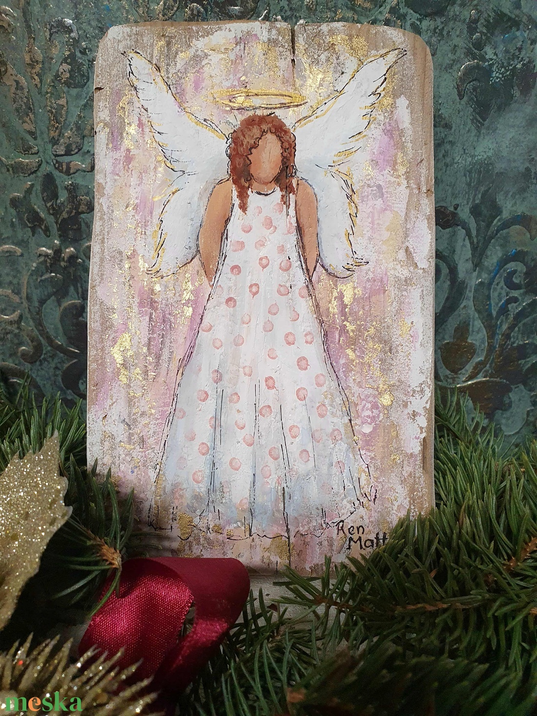 'Angyal pöttyös ruhában' karácsonyi dekor  - művészet - festmény - akril - Meska.hu