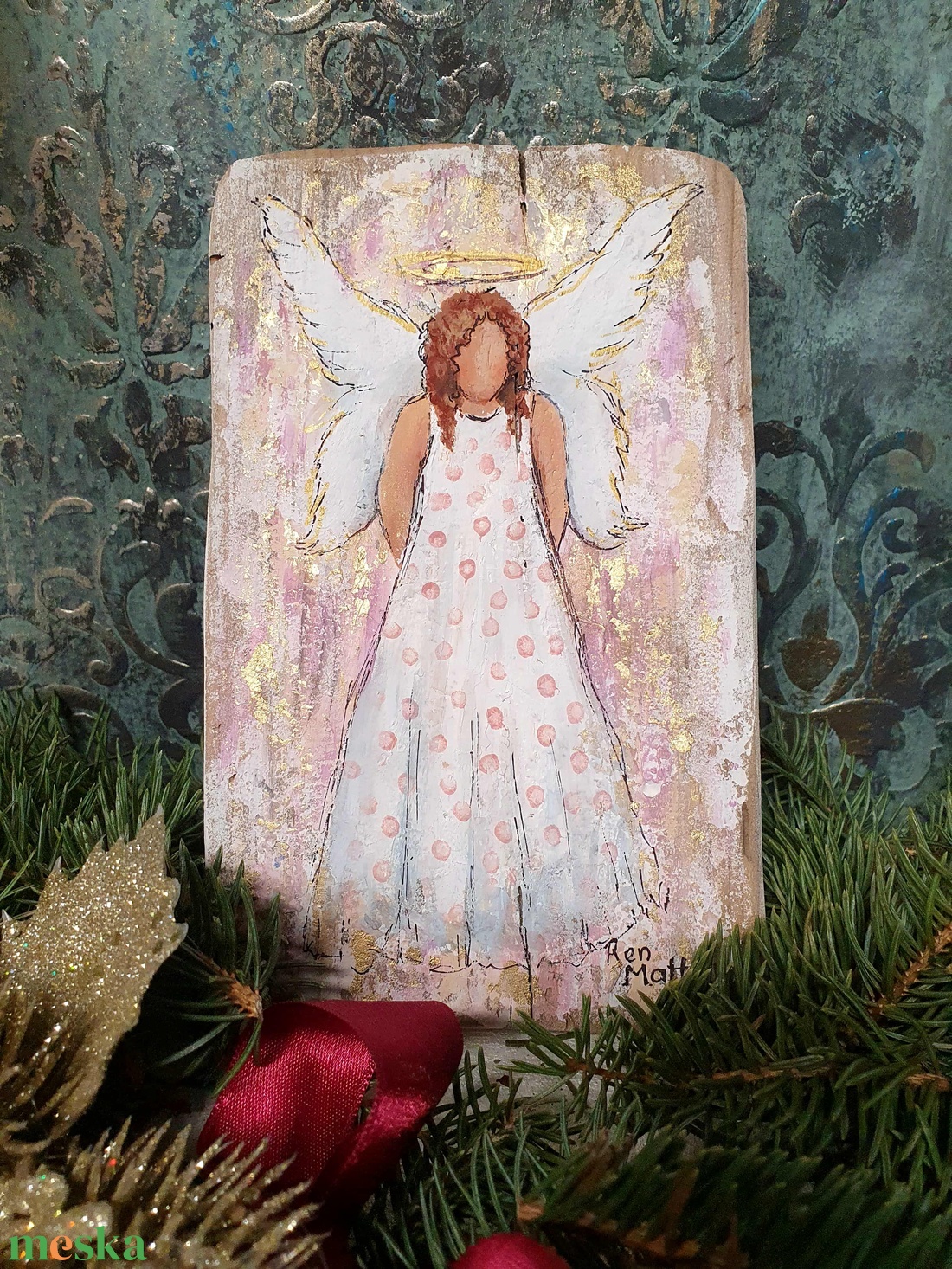 'Angyal pöttyös ruhában' karácsonyi dekor  - művészet - festmény - akril - Meska.hu